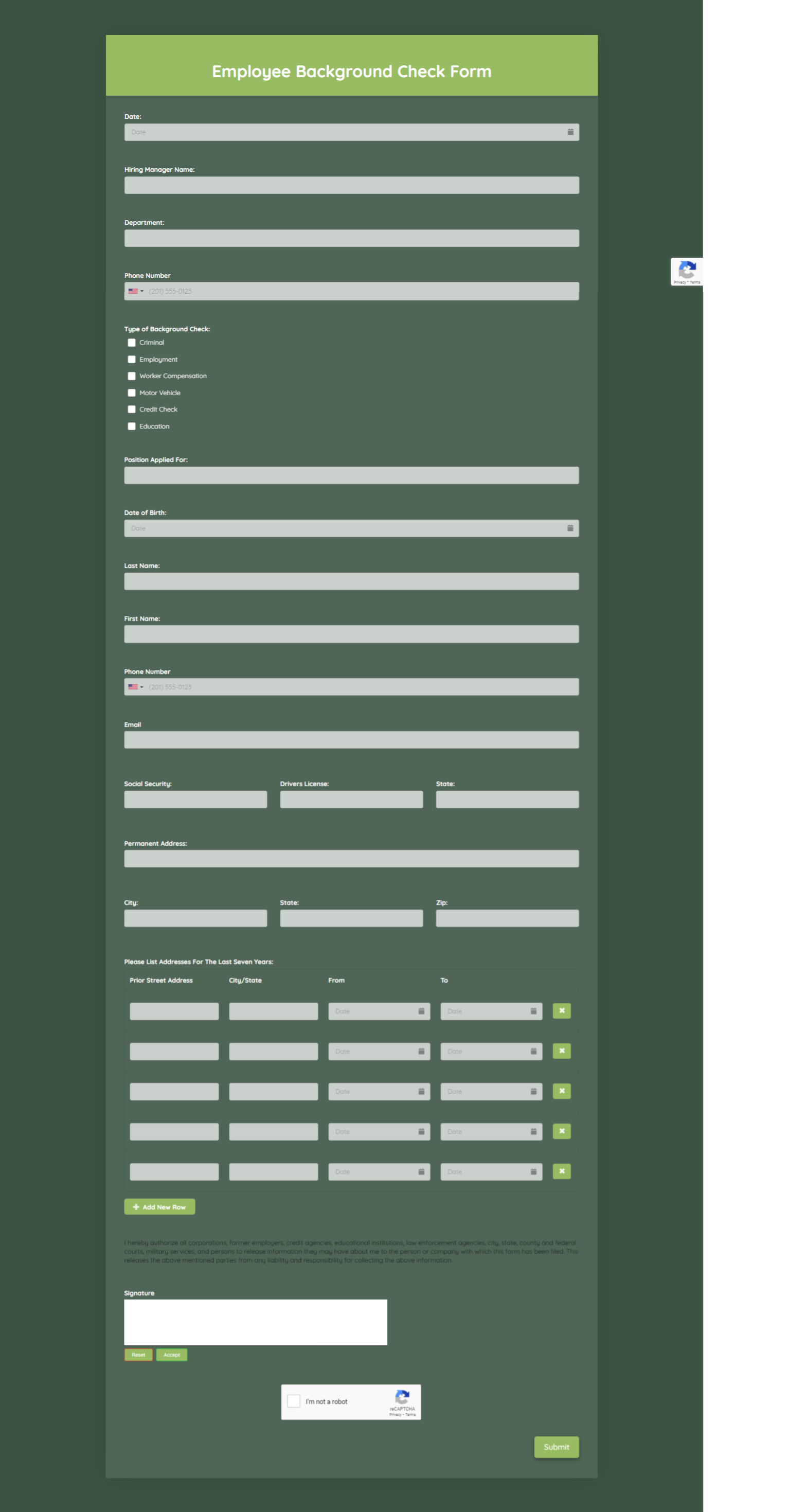 Employee Background Check Form Template template