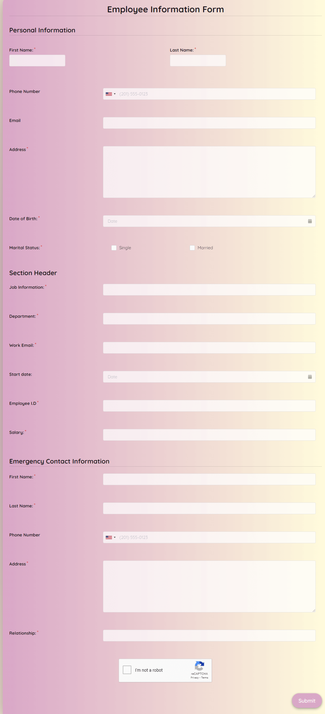 personal information form for employees