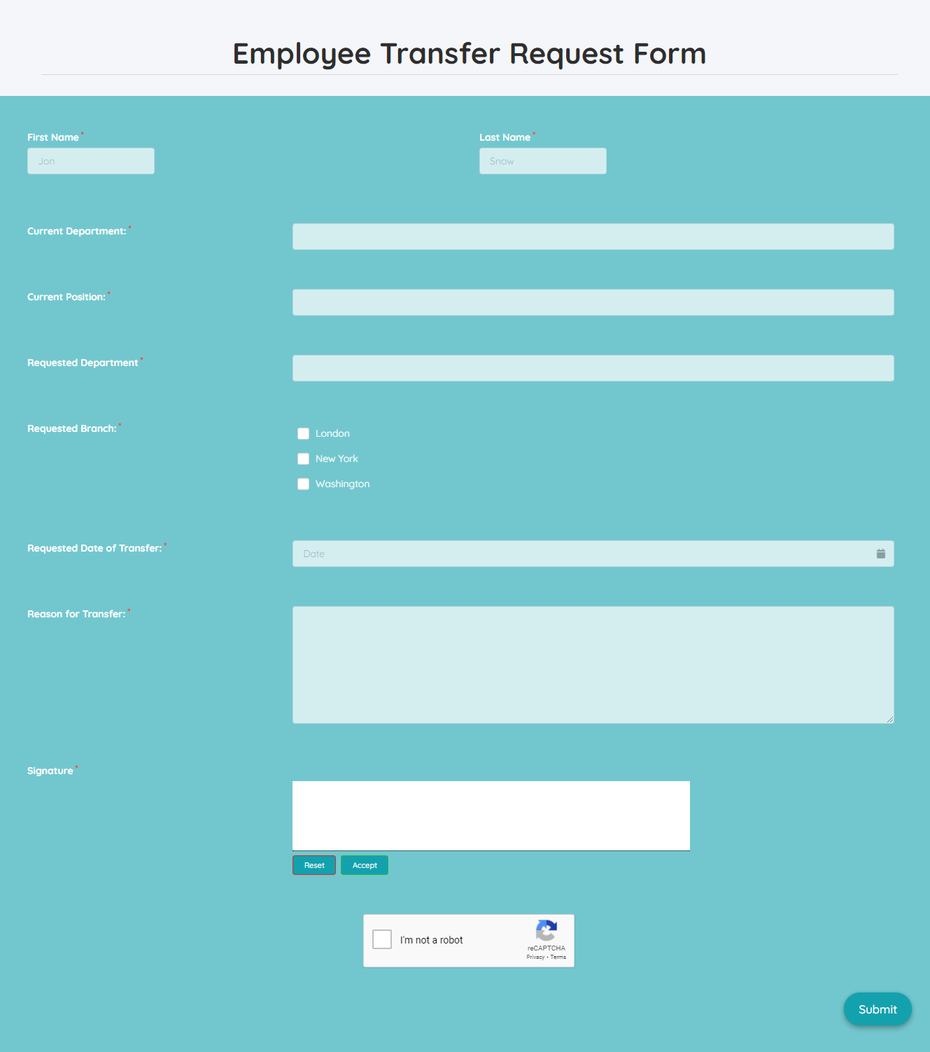 Employee Transfer Request Form Template template