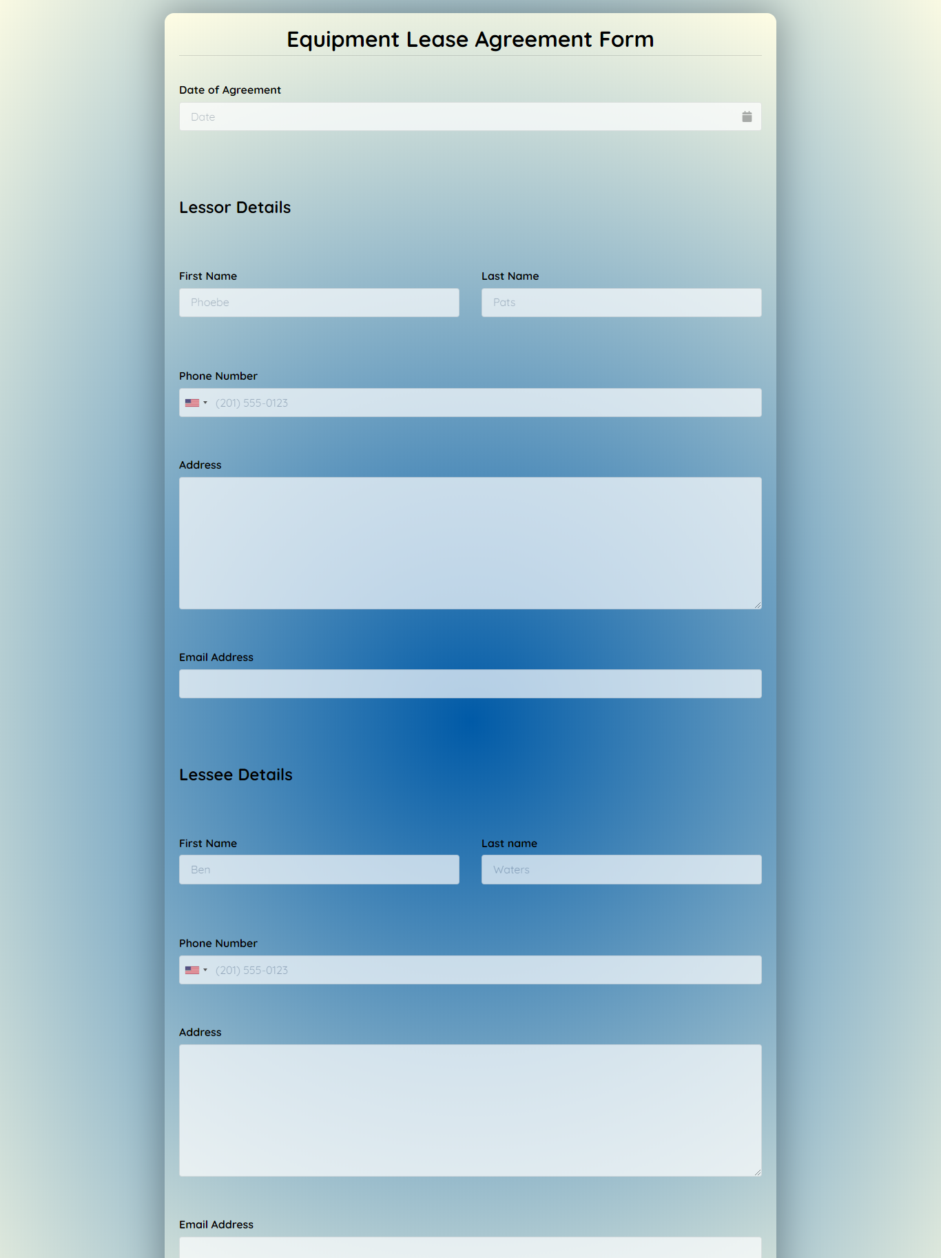 Equipment Lease Agreement Form Template template