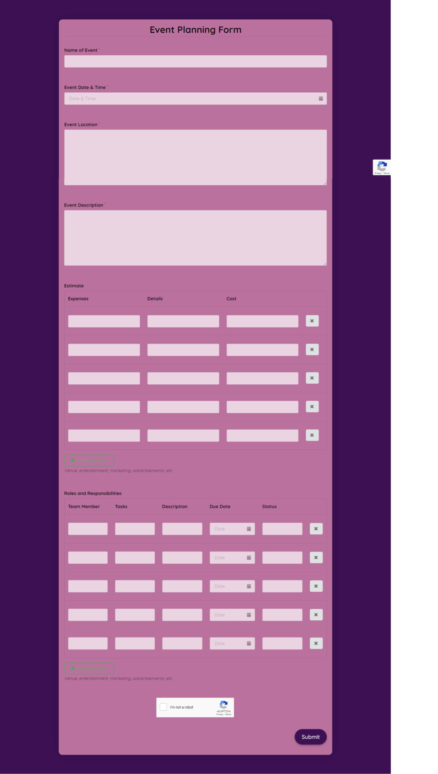 Event Planning Form Template template