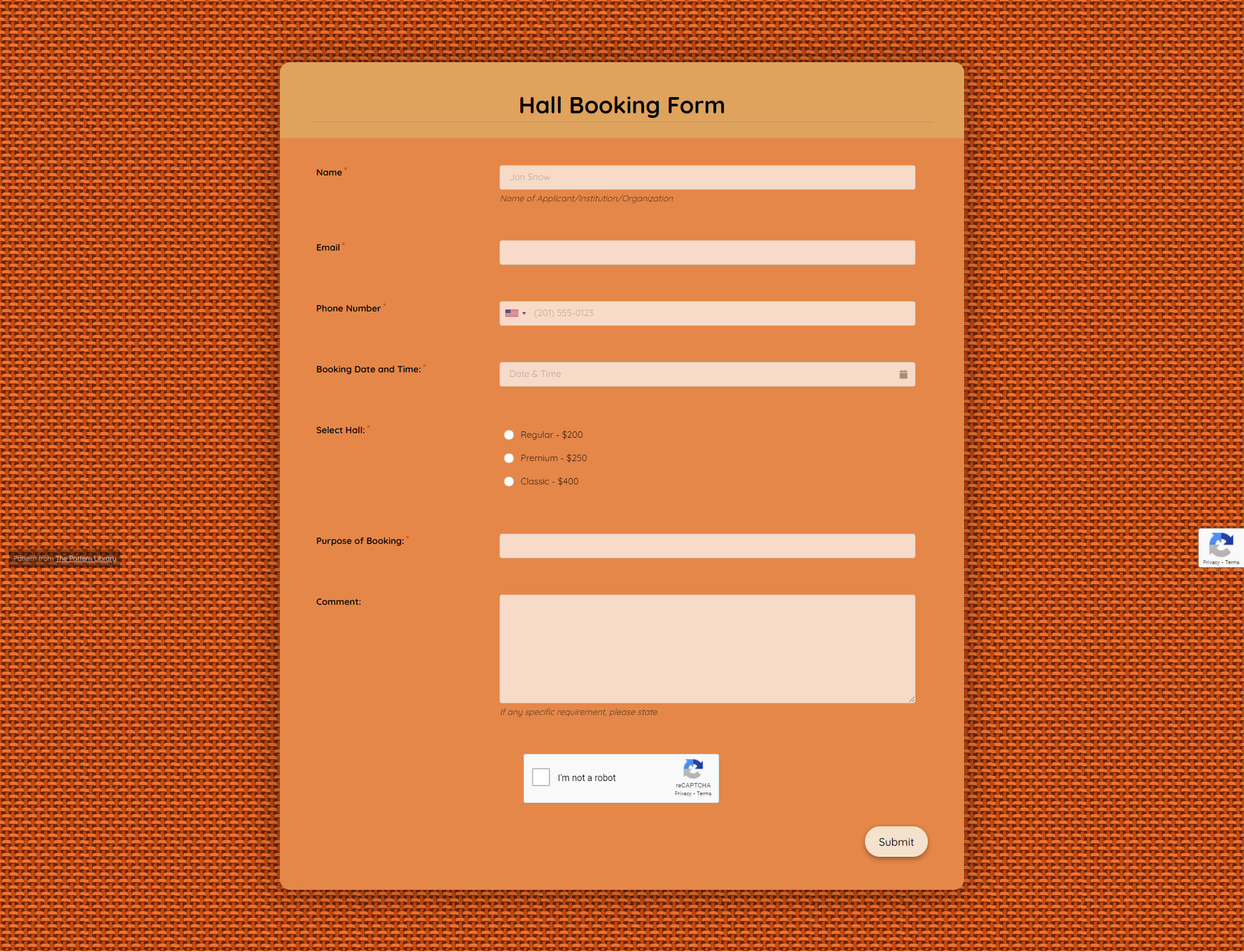 Free Hall Booking Form Template template