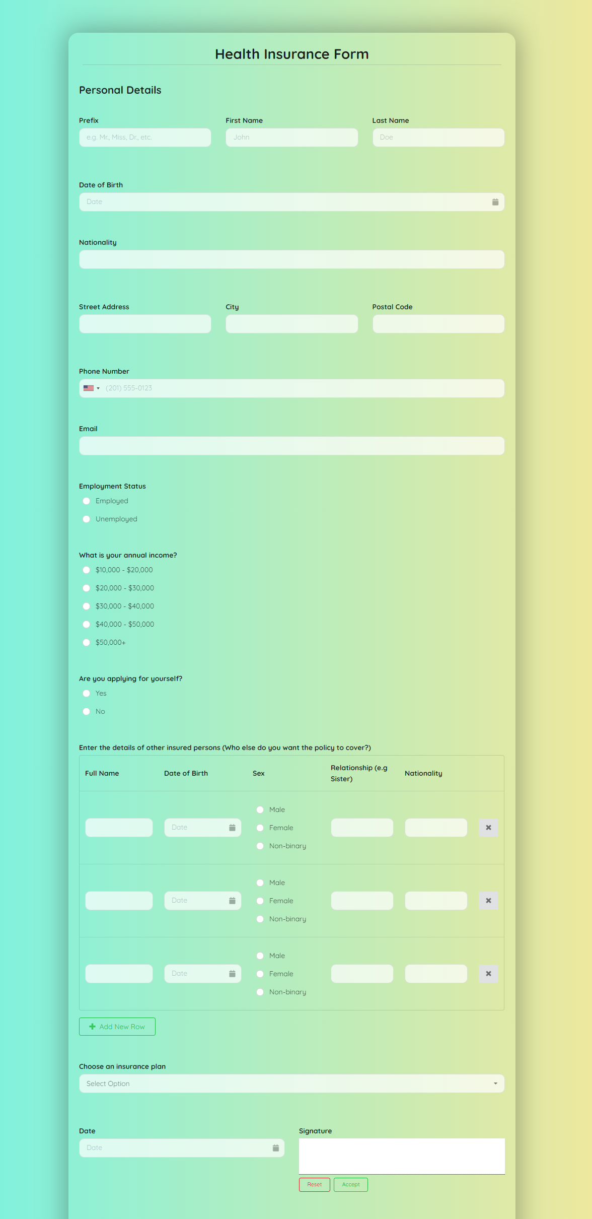 Health Insurance Form Template template