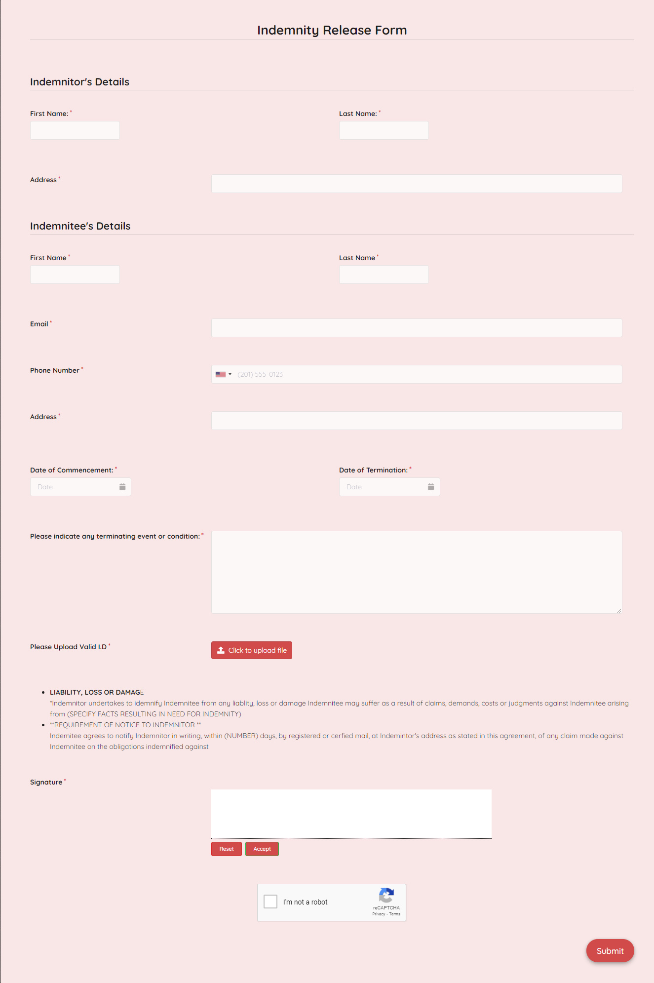 Indemnity Release Form Template template