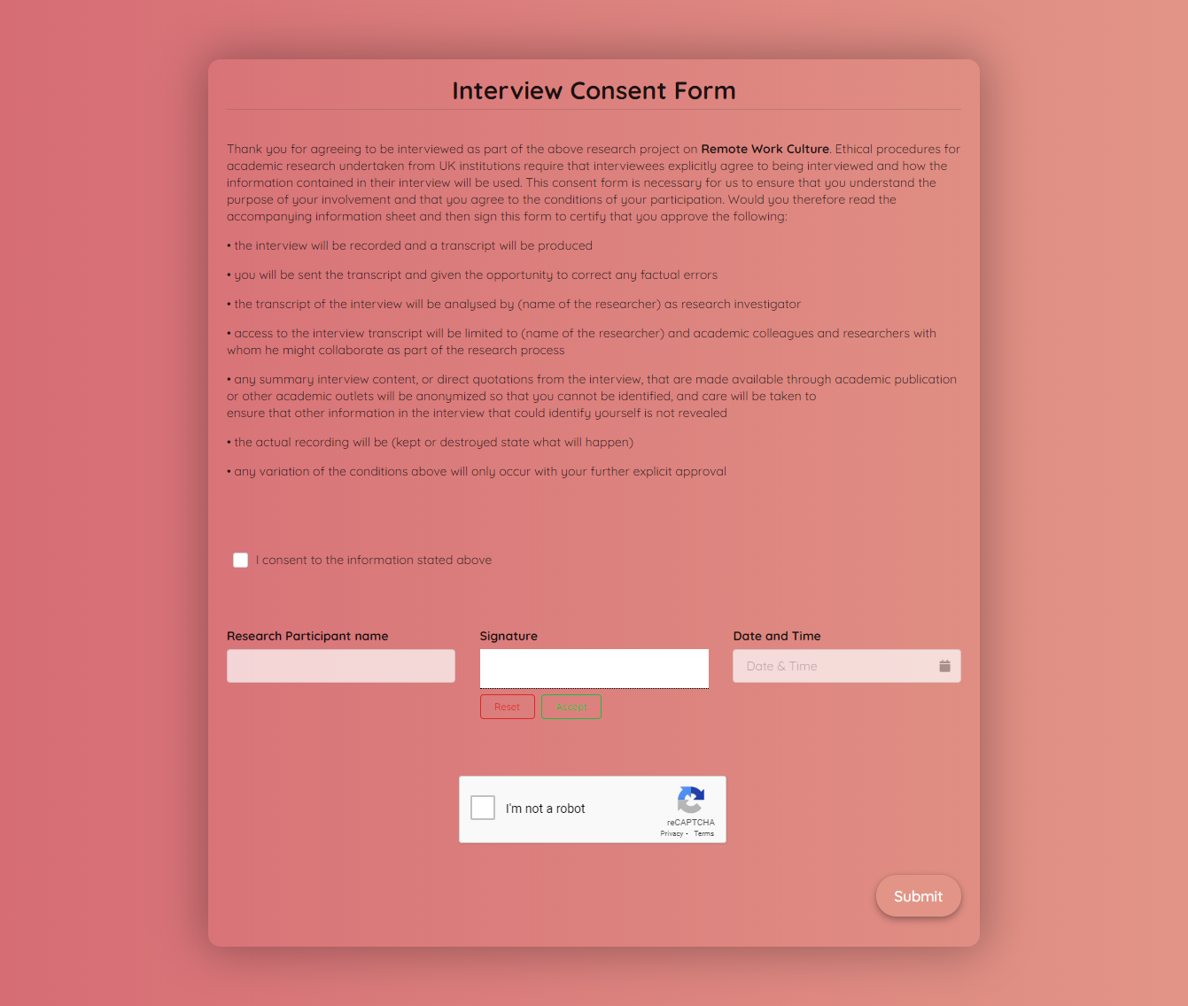 Free Interview Consent Form Template Formplus