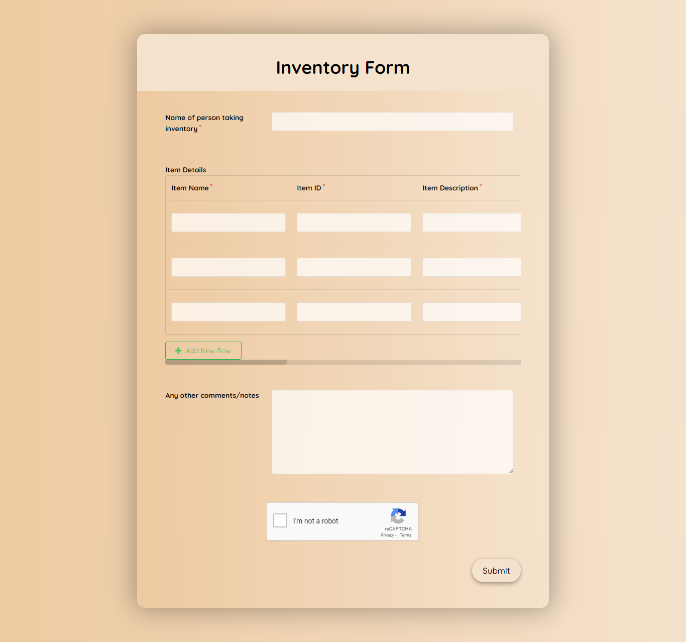 Inventory Form Template template