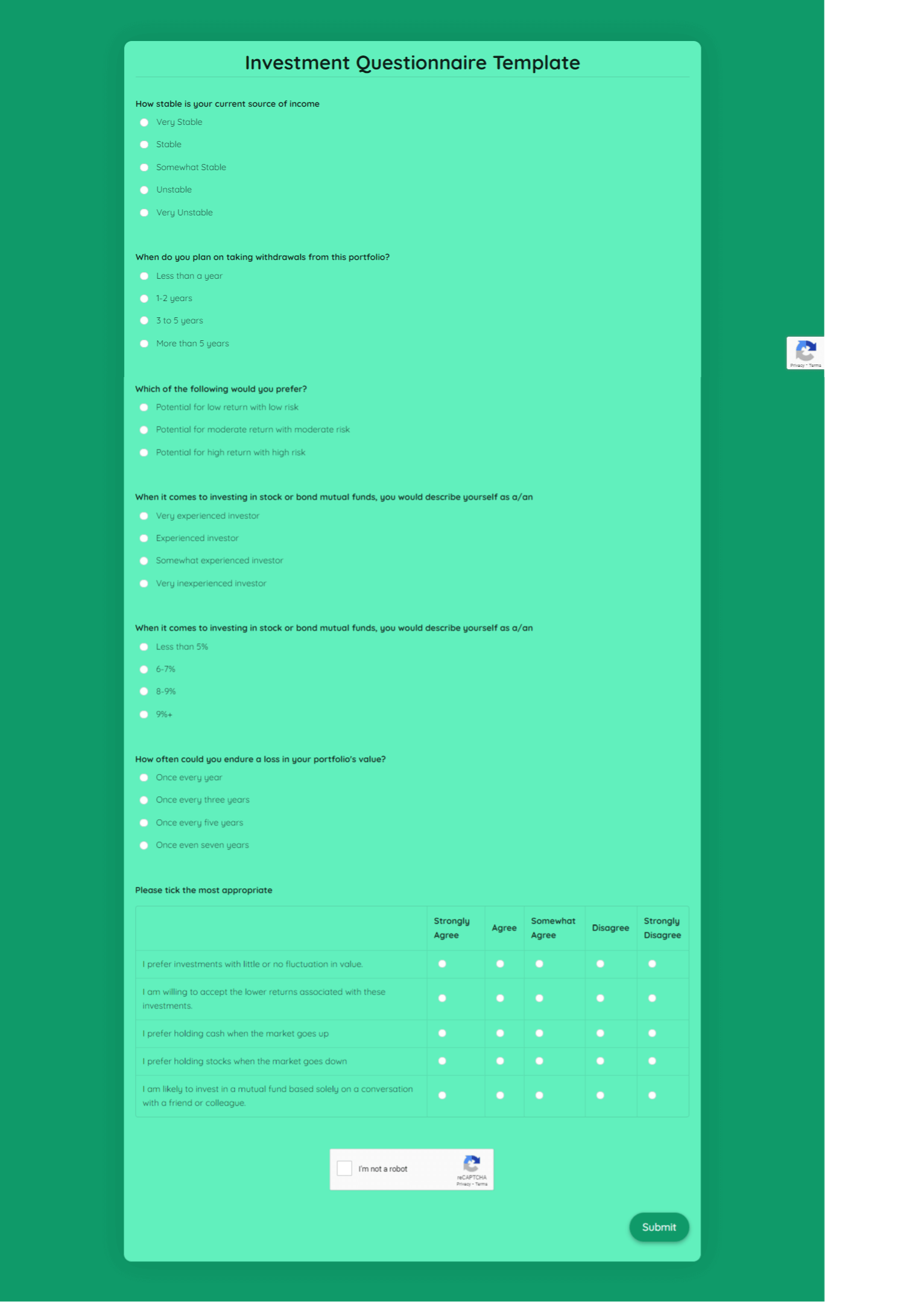 Investment Questionnaire Template template