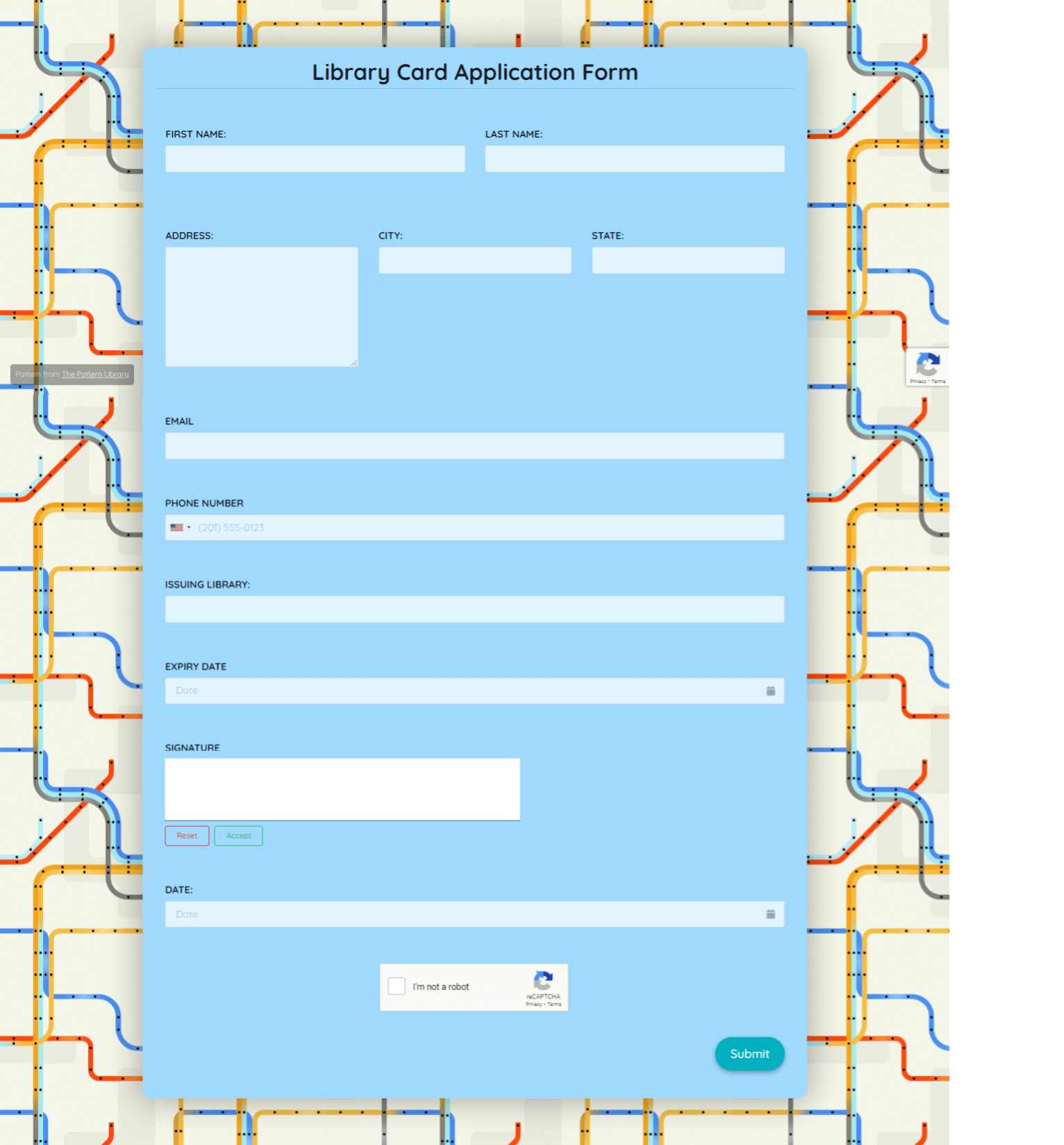 Library Card Application Form Template template