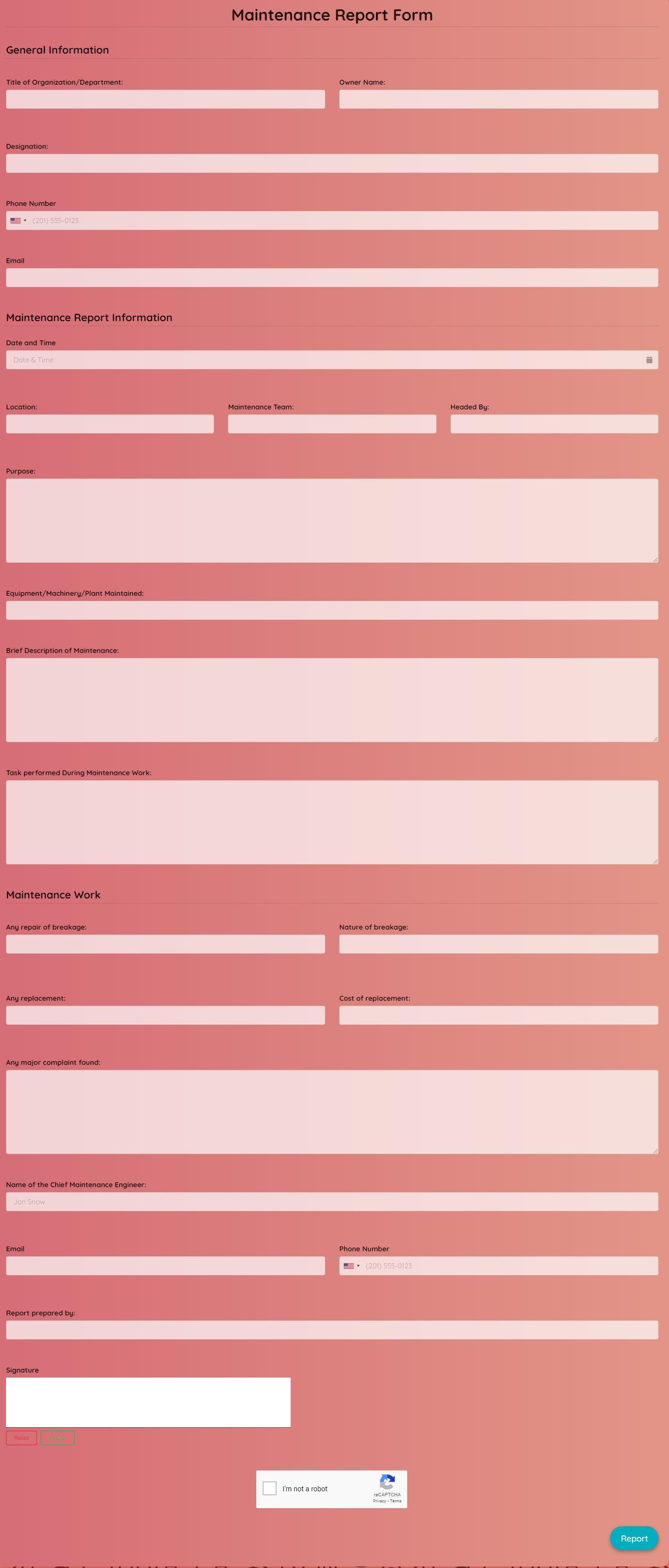 Maintenance Report Form  Template template