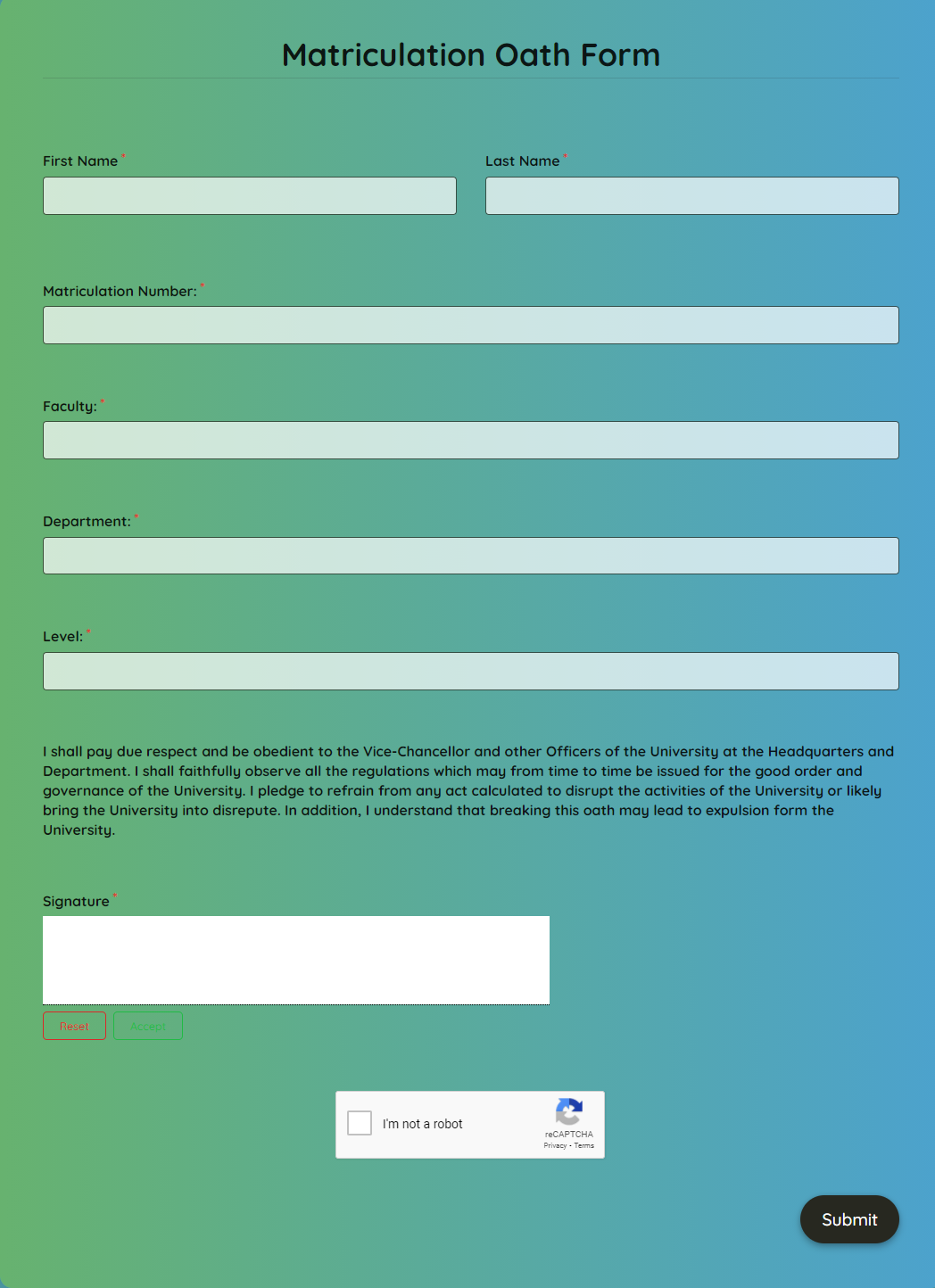 Free Matriculation Oath Form Template template