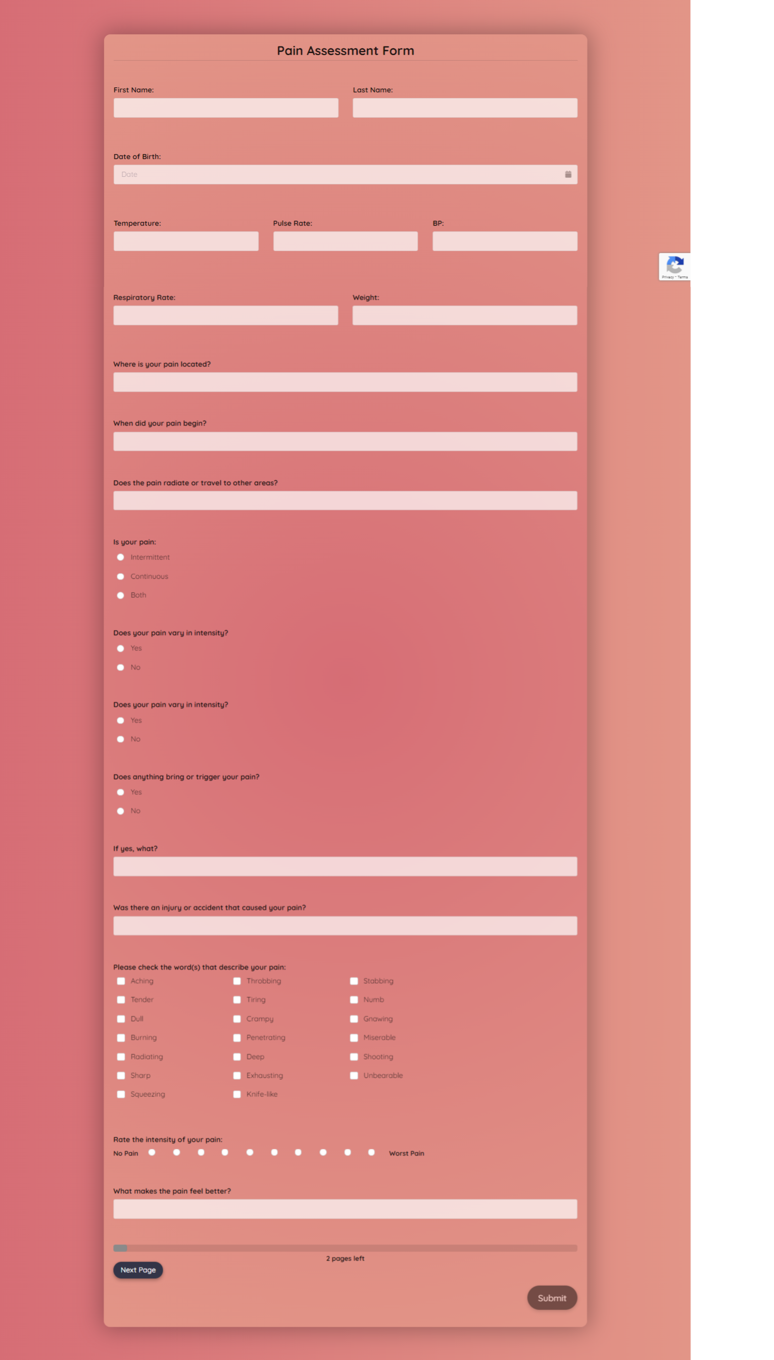 Pain Assessment Form Template template