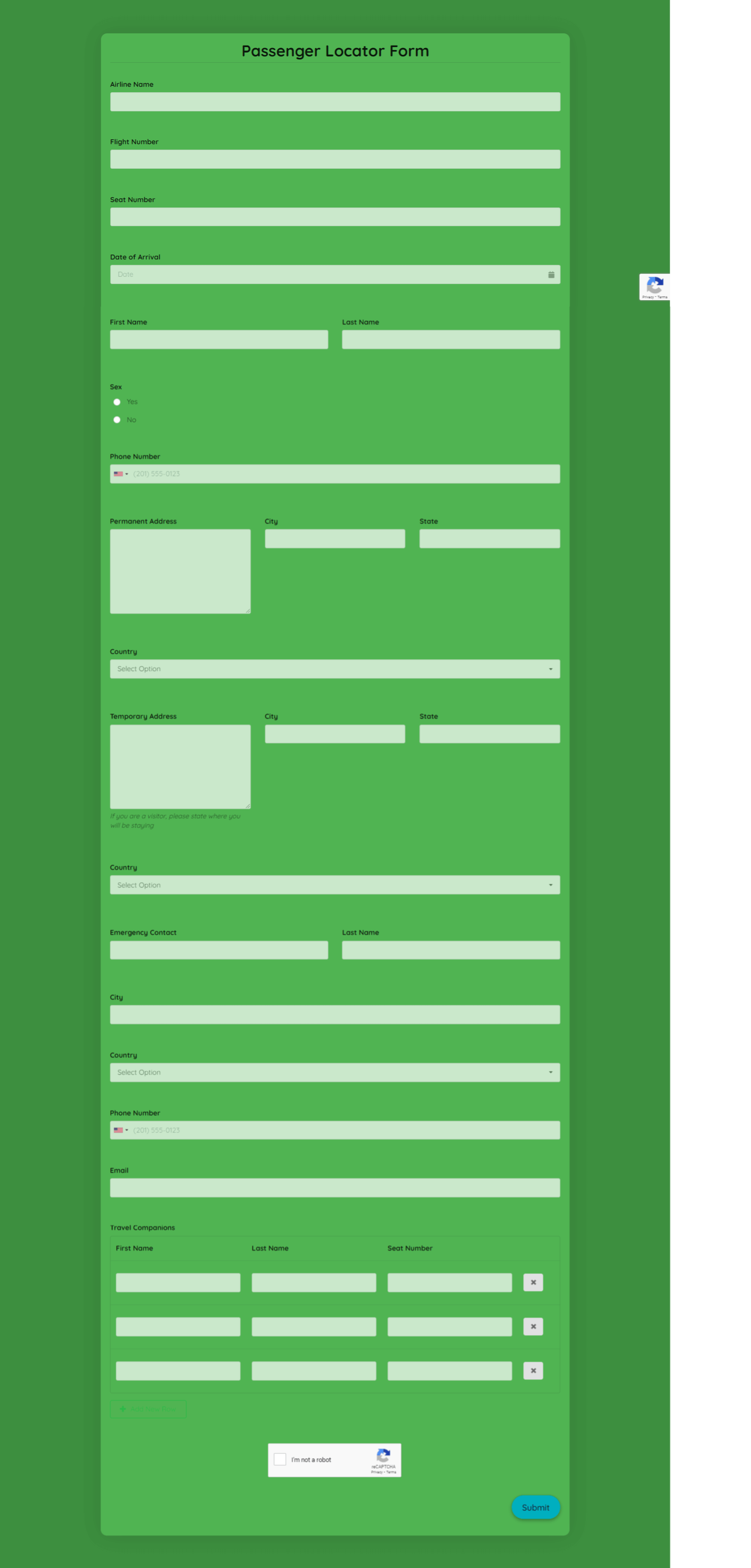 Passenger Locator Form Template template