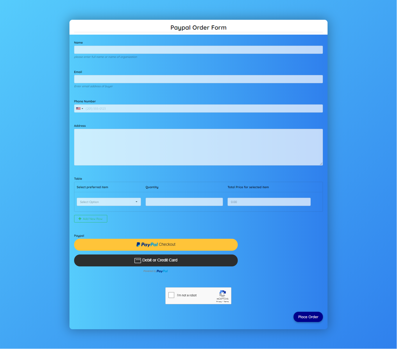 Paypal Order Form Template template