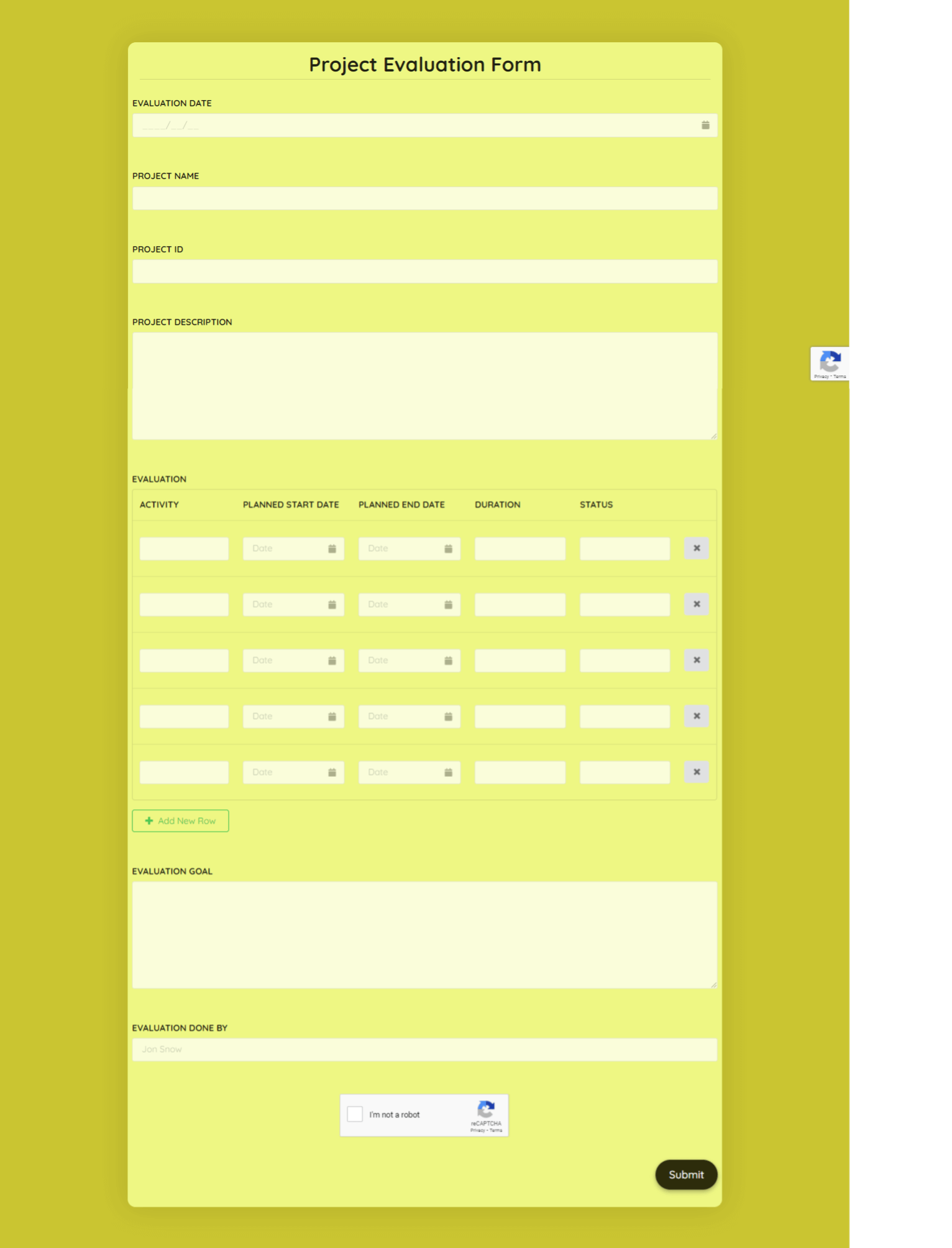 Project Evaluation Form Template template