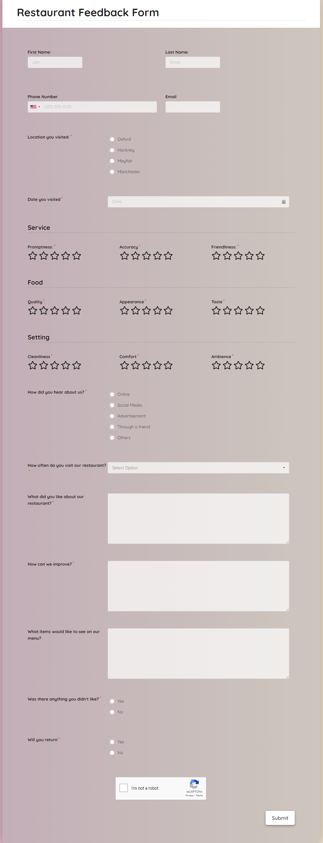 Free Restaurant Feedback Form Template template