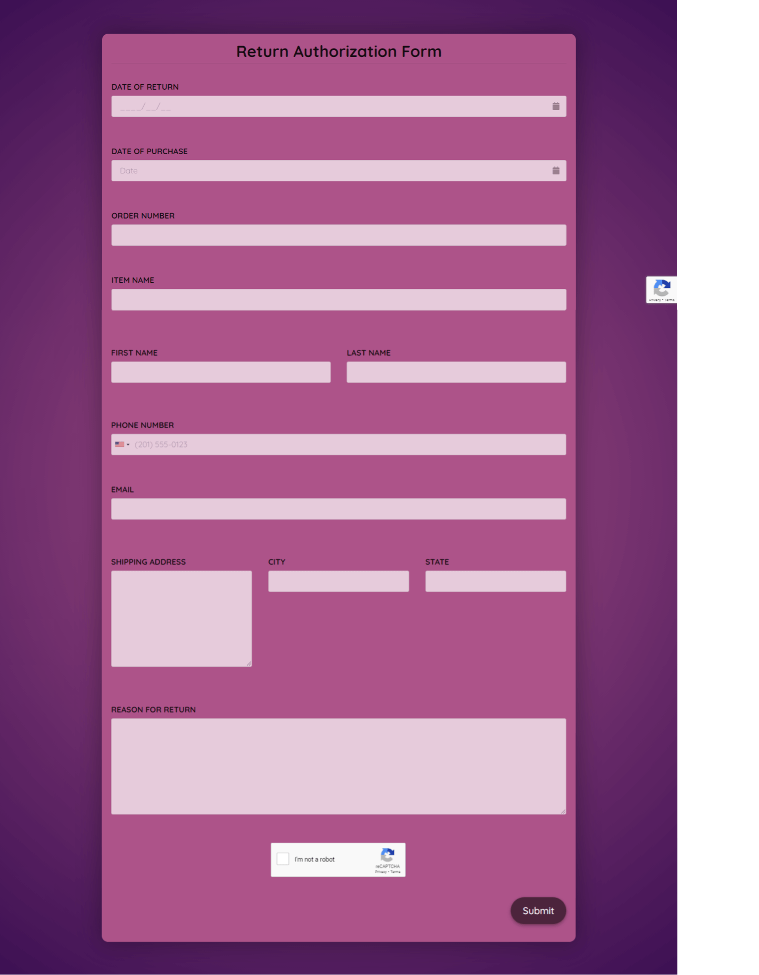 Return Authorization Form Template template