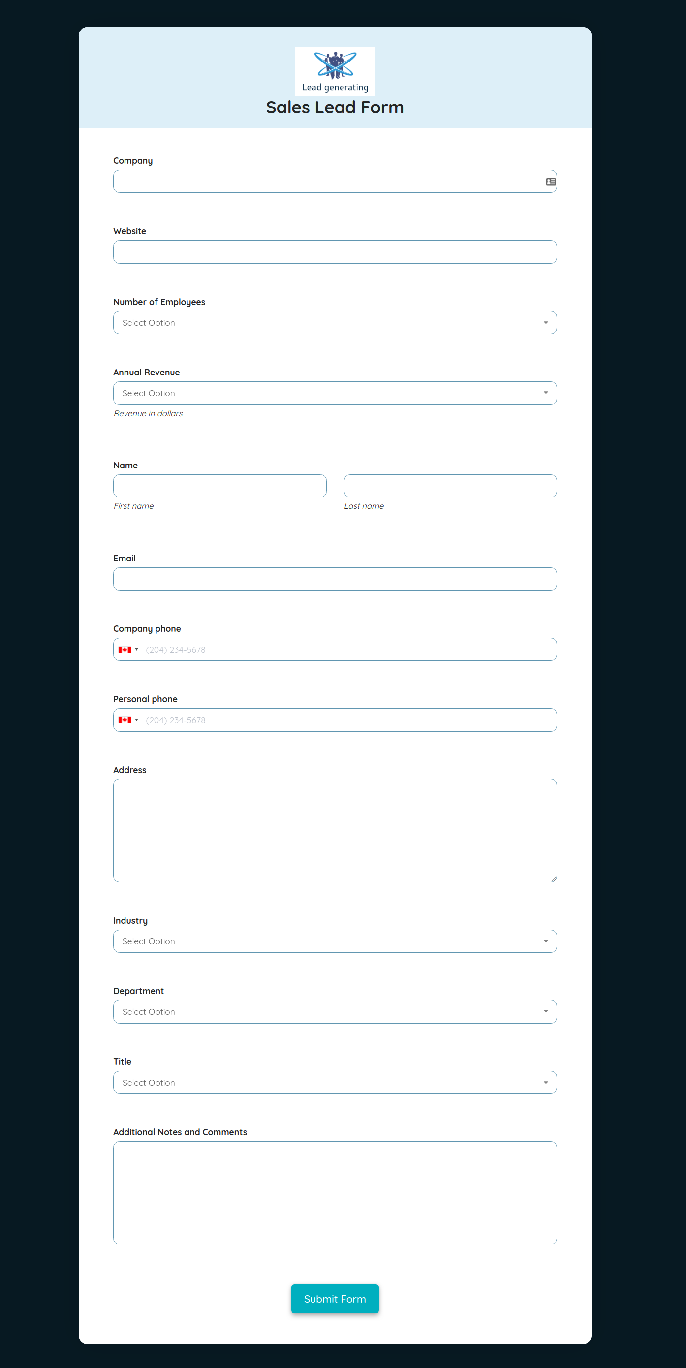 Sales Lead Form Template template