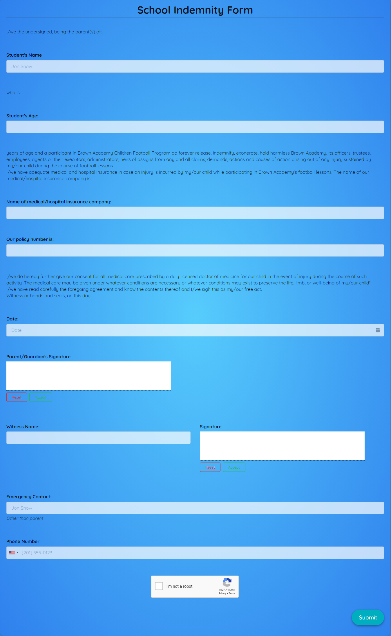 School Indemnity Form Template template