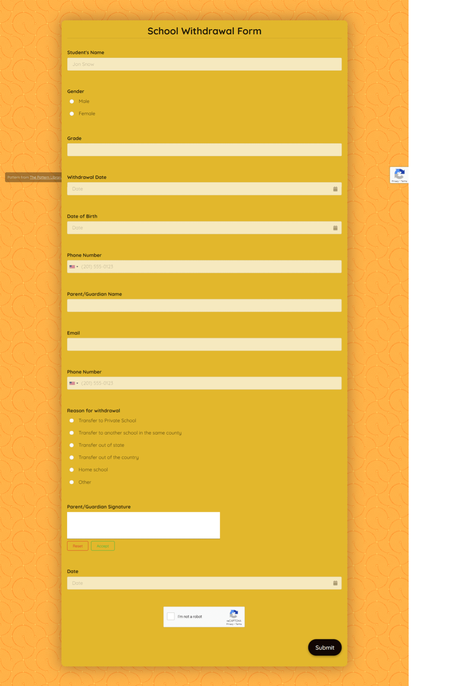 School Withdrawal Form Template template