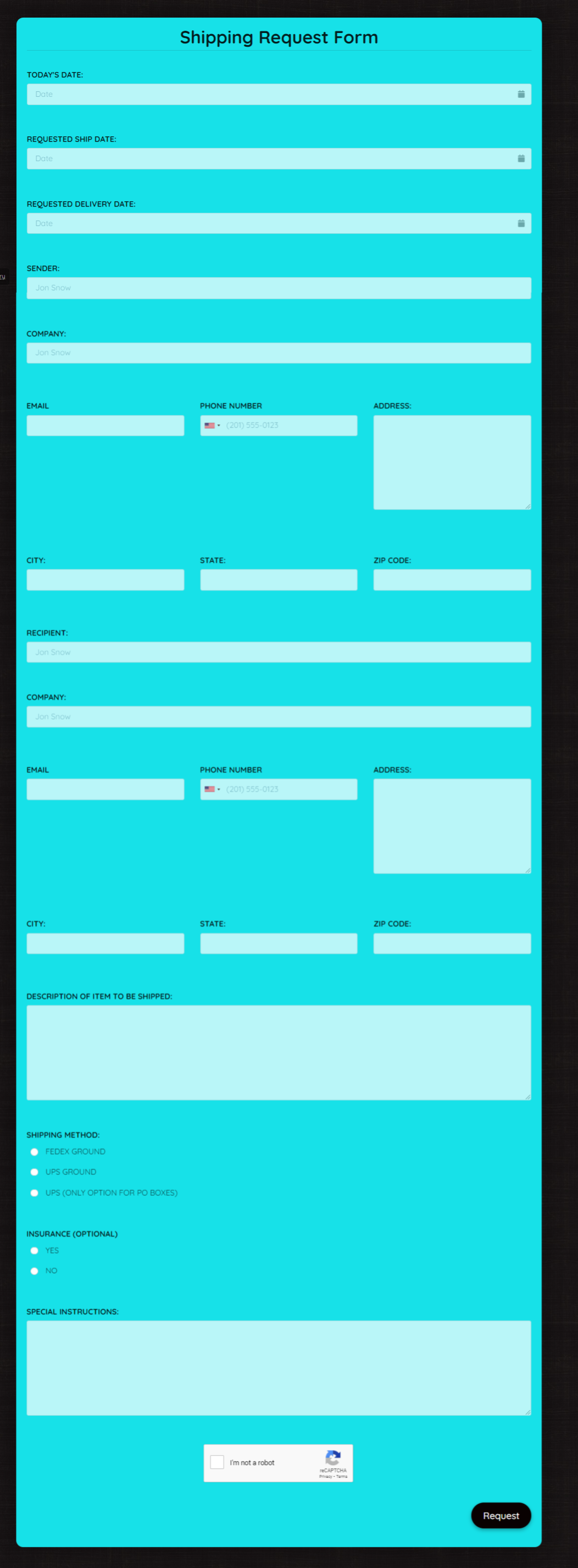 Shipping Request Form Template template