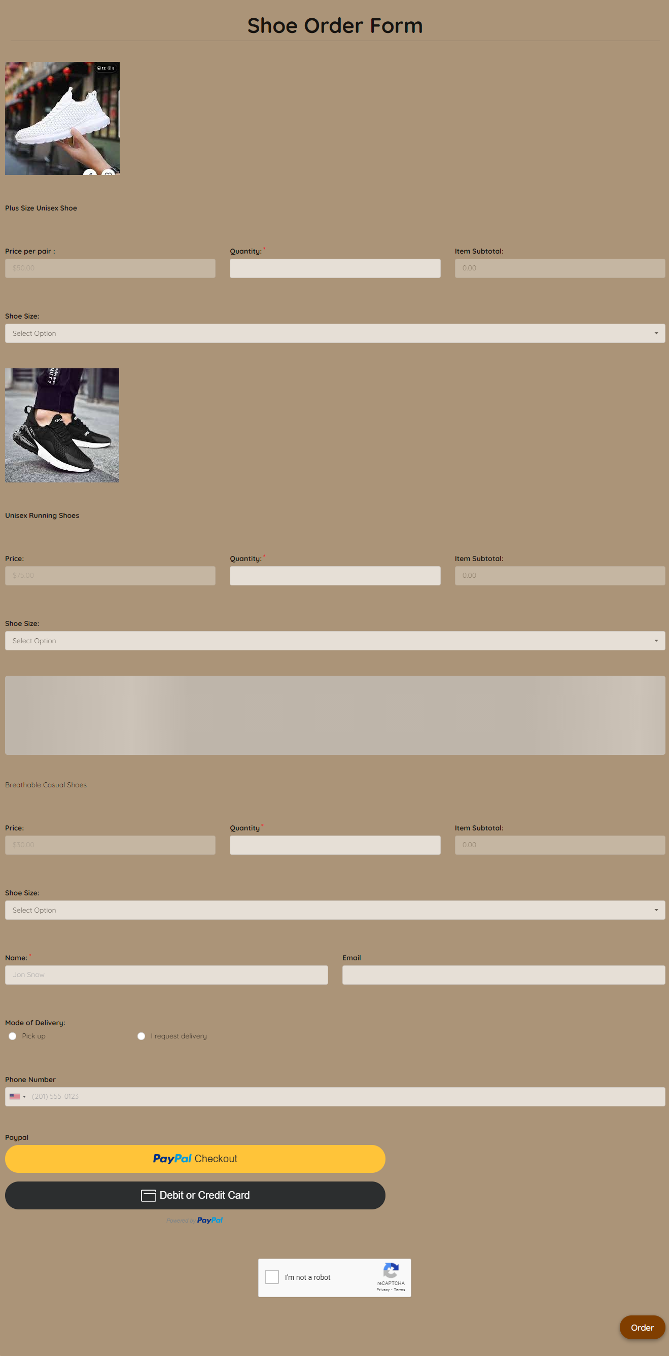 Shoe Order Form Template template