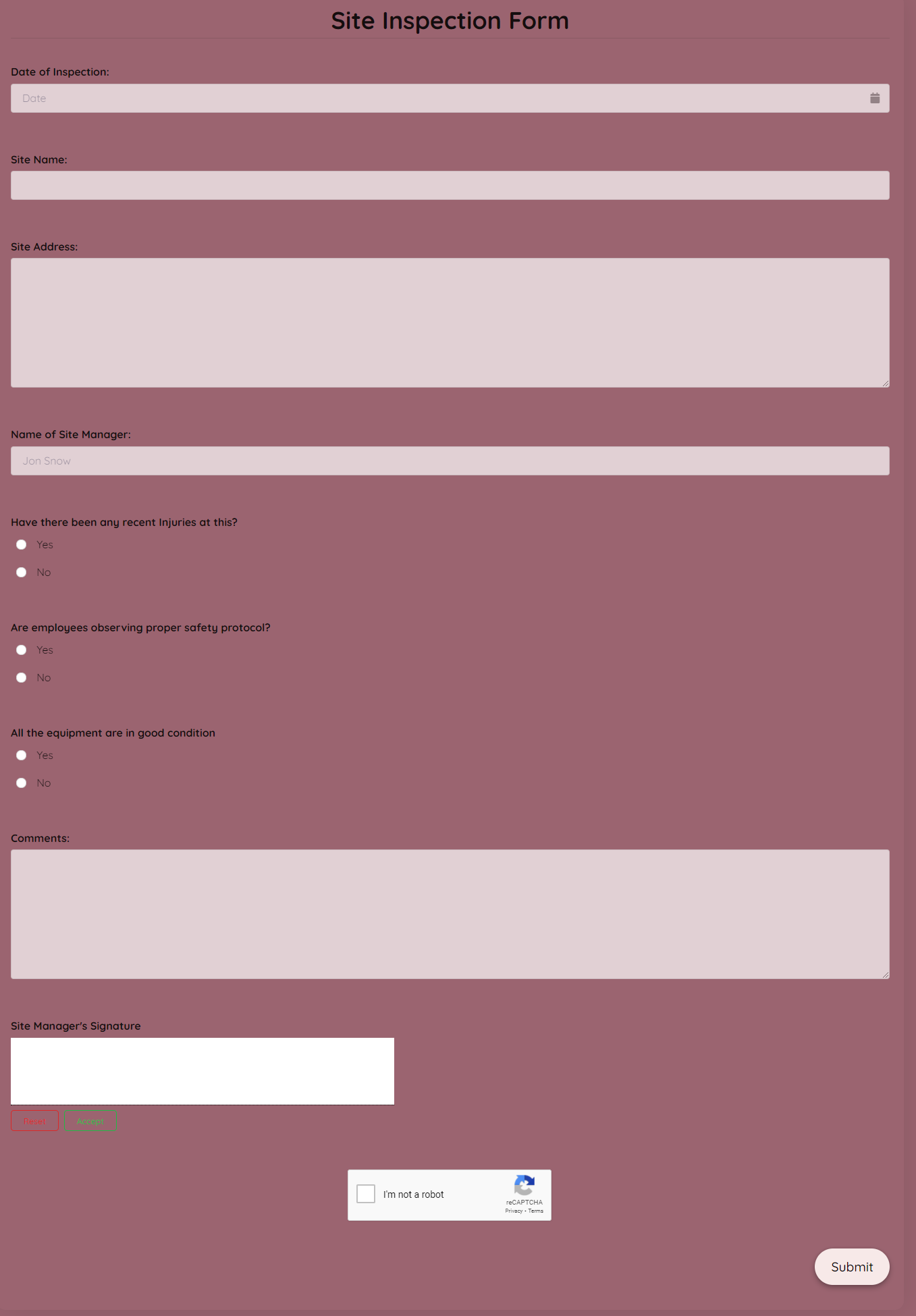 Site Inspection Form Template template