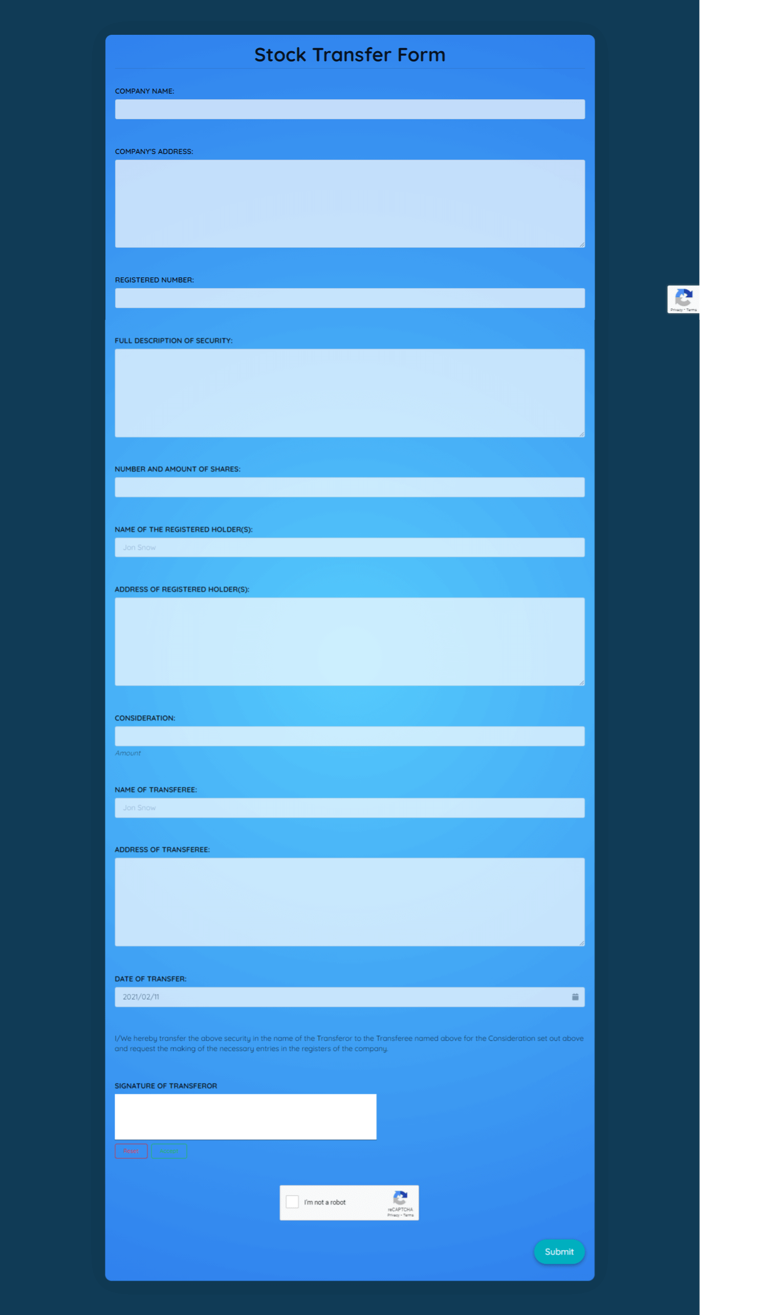 Stock Transfer Form Template template