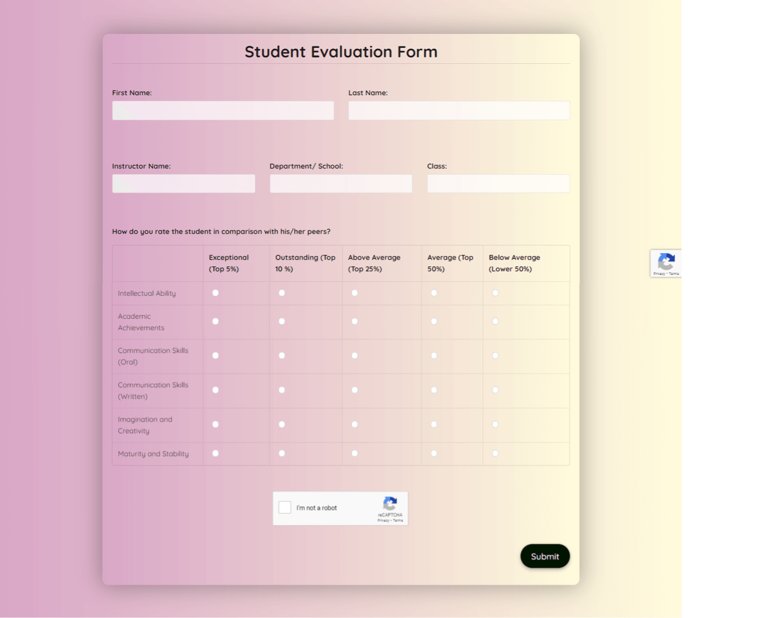 Student Evaluation Form Template template