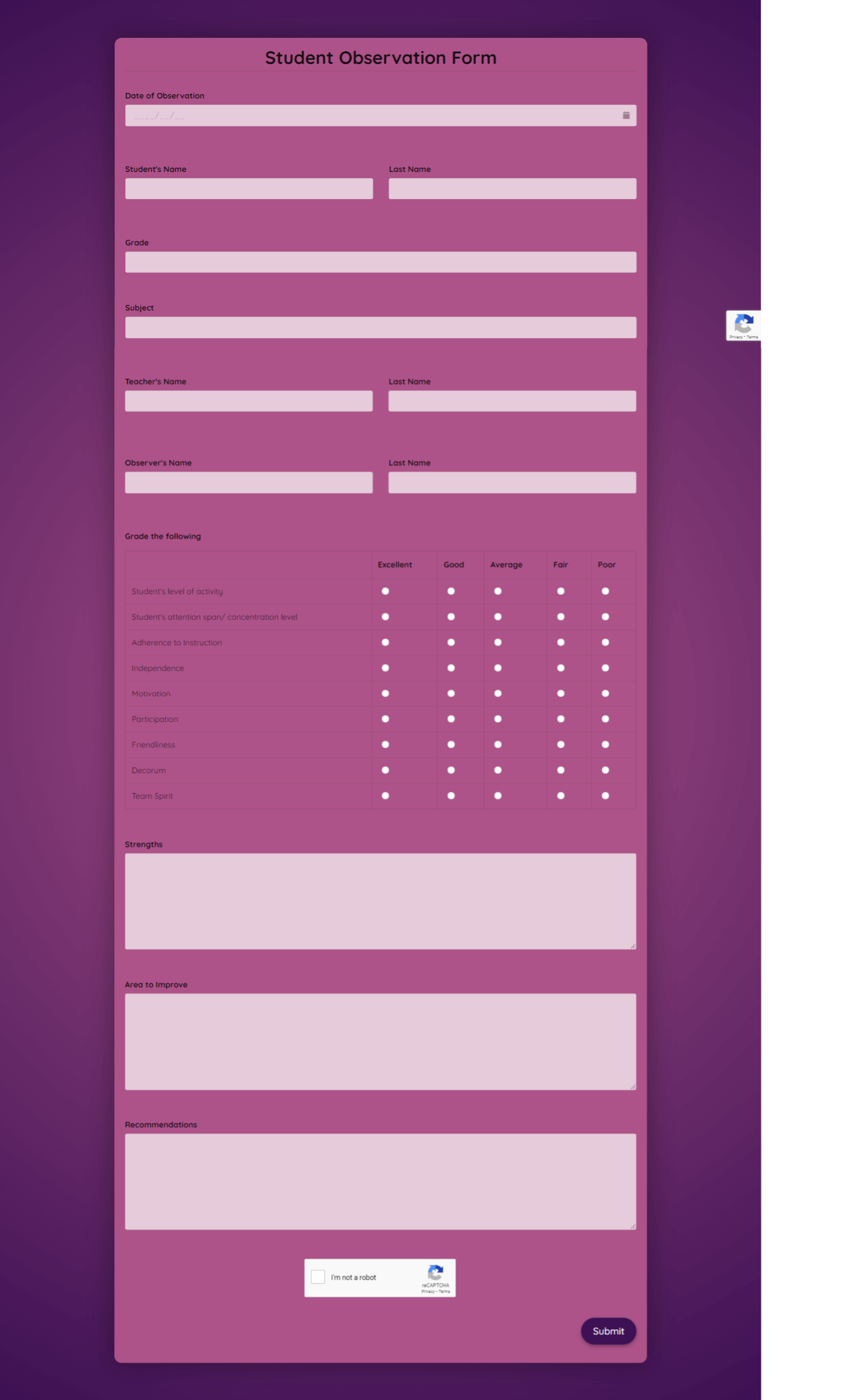 Student Observation Form Template template