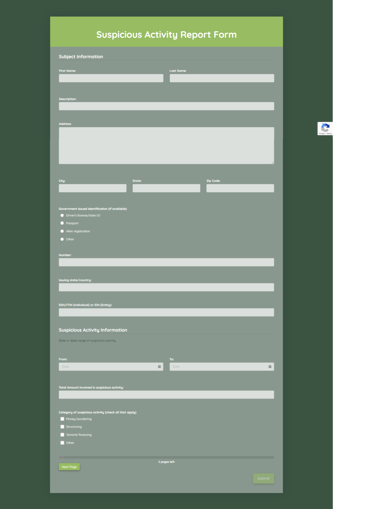 Suspicious Activity Report Form Template template