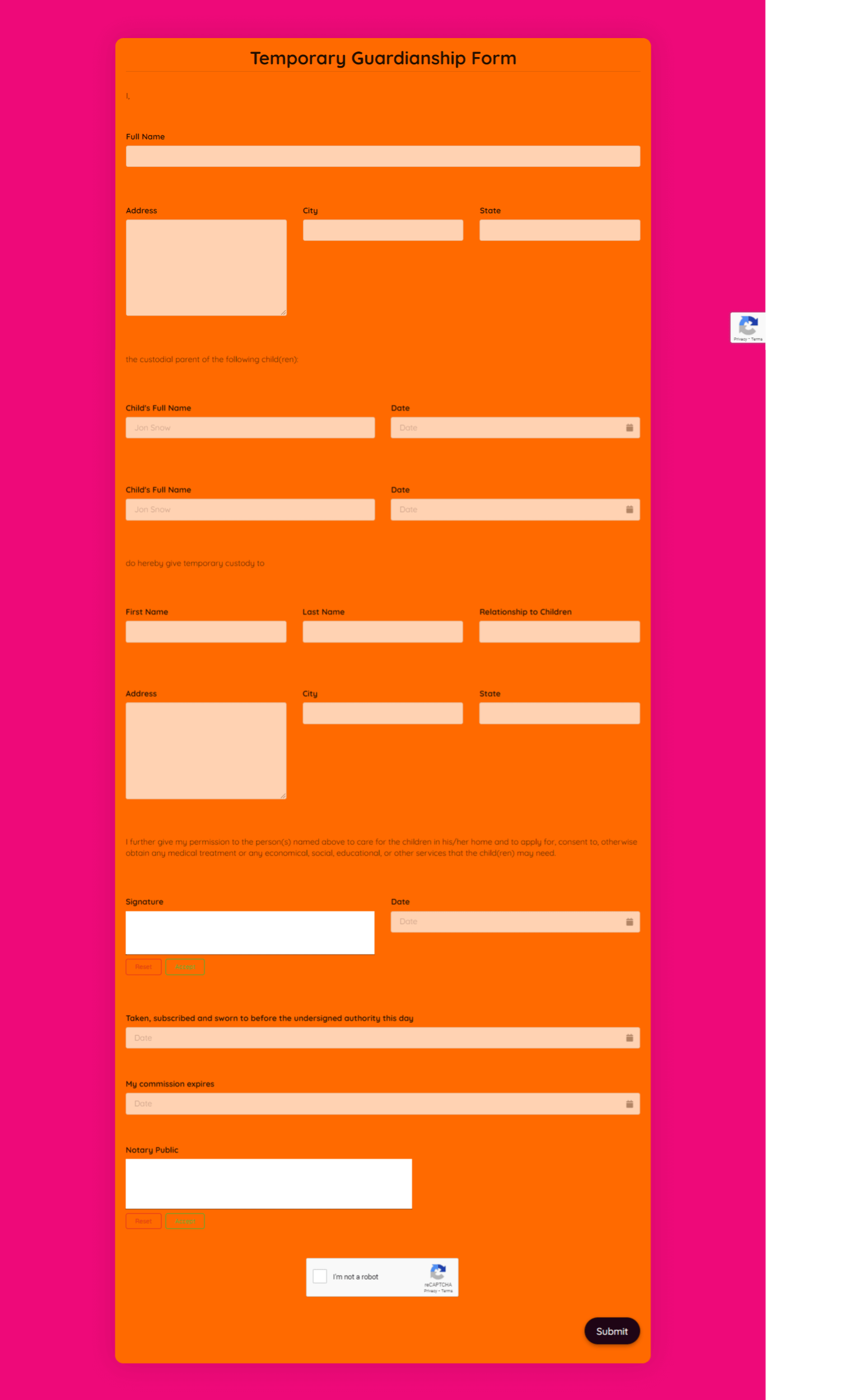 Temporary Guardianship Form Template template