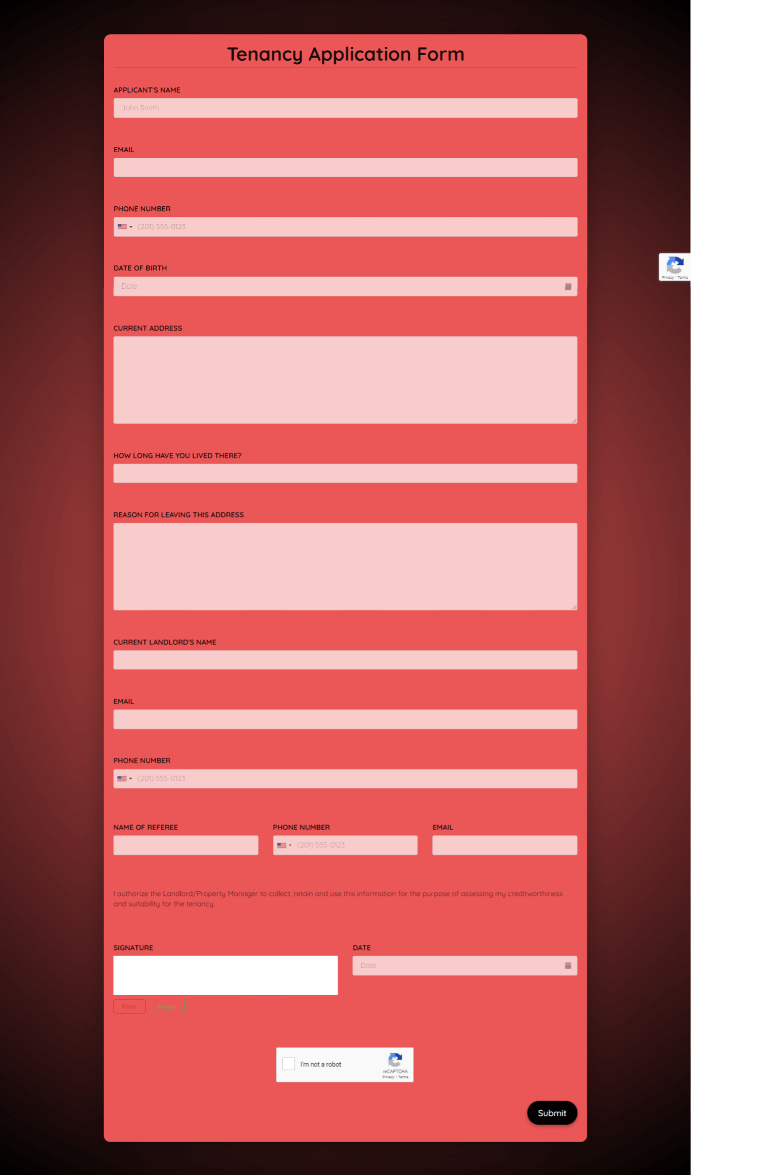 Tenancy Application Form Template template