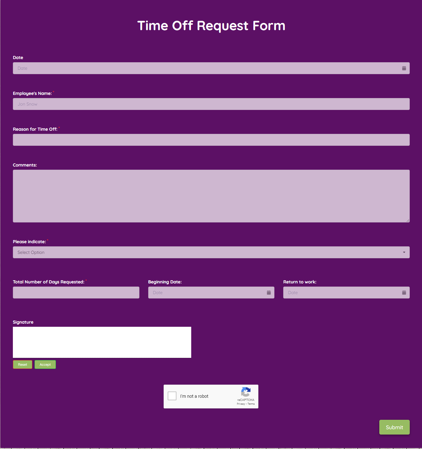 Time Off Request Form Template template