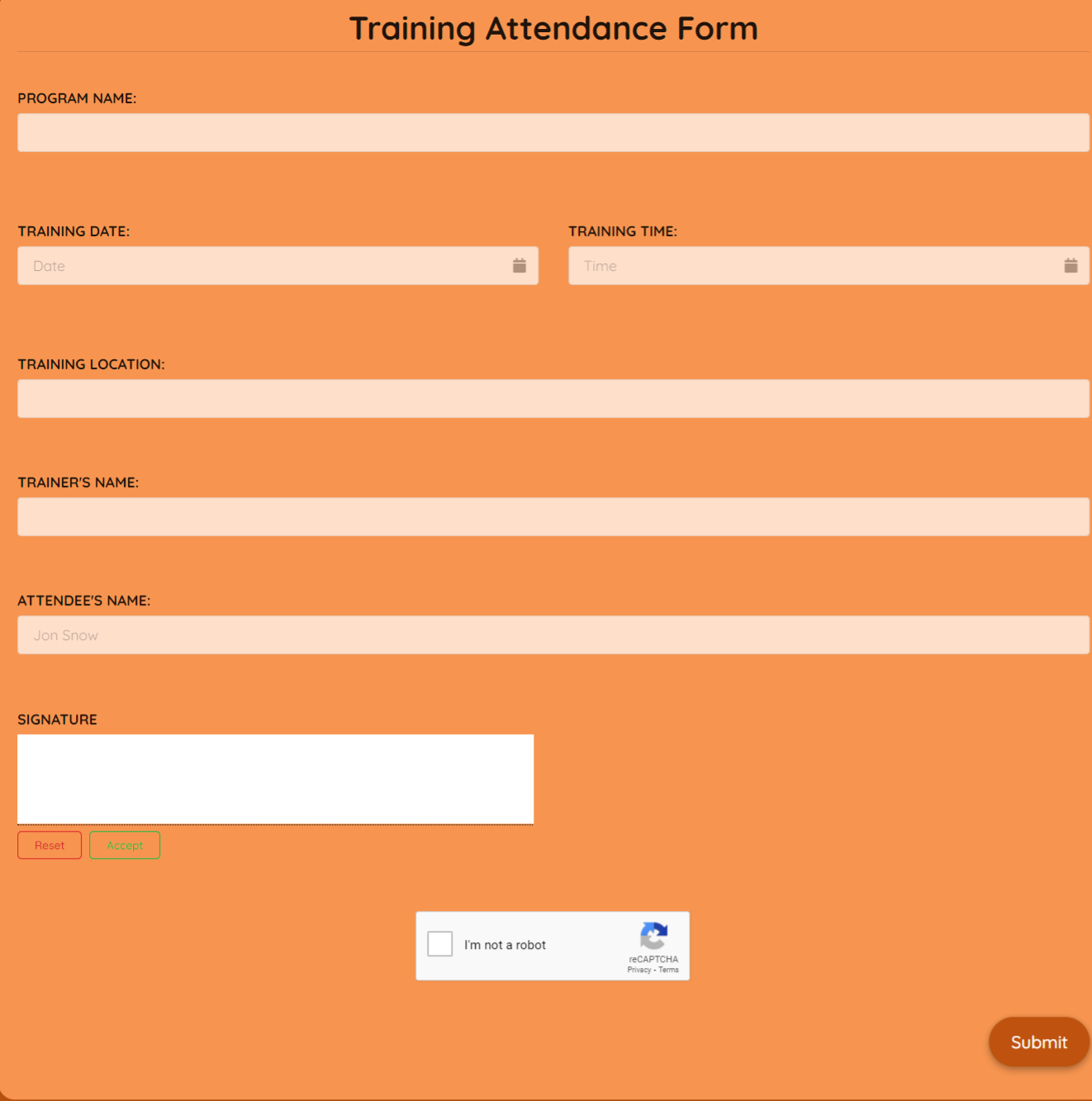 Training Attendance Form Template template