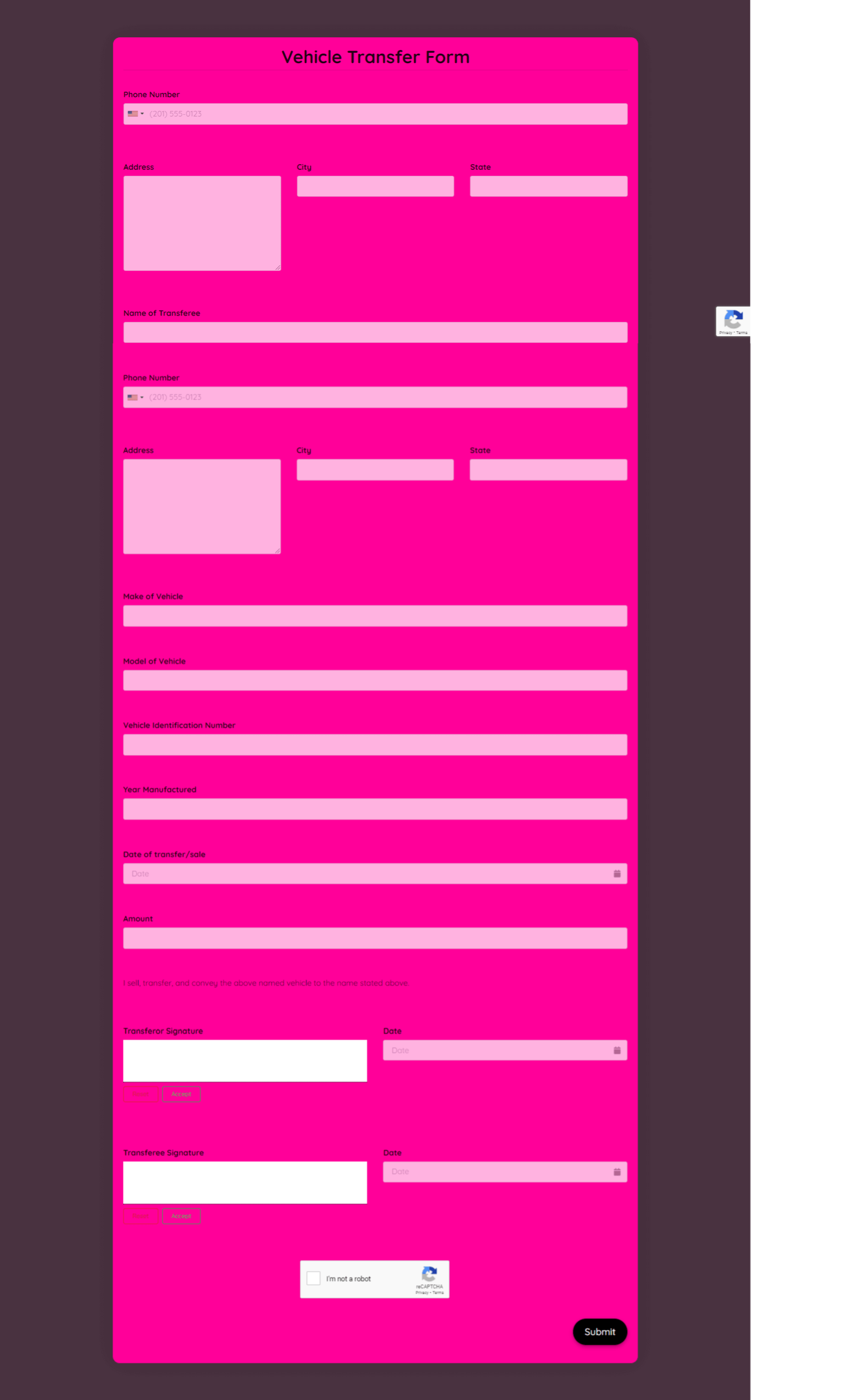 Vehicle Transfer Form Template template