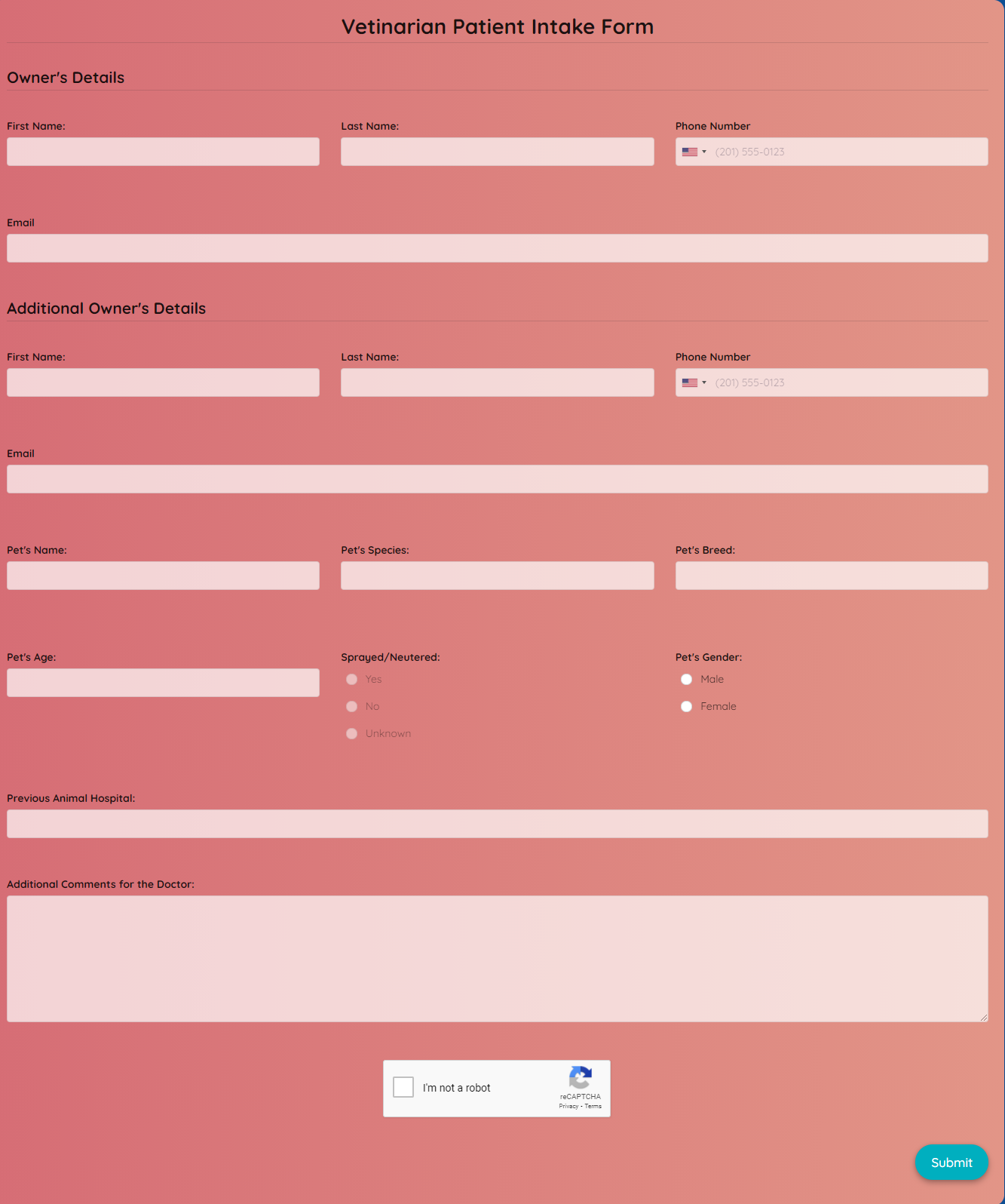 Veterinarian Patient Intake Form Template template