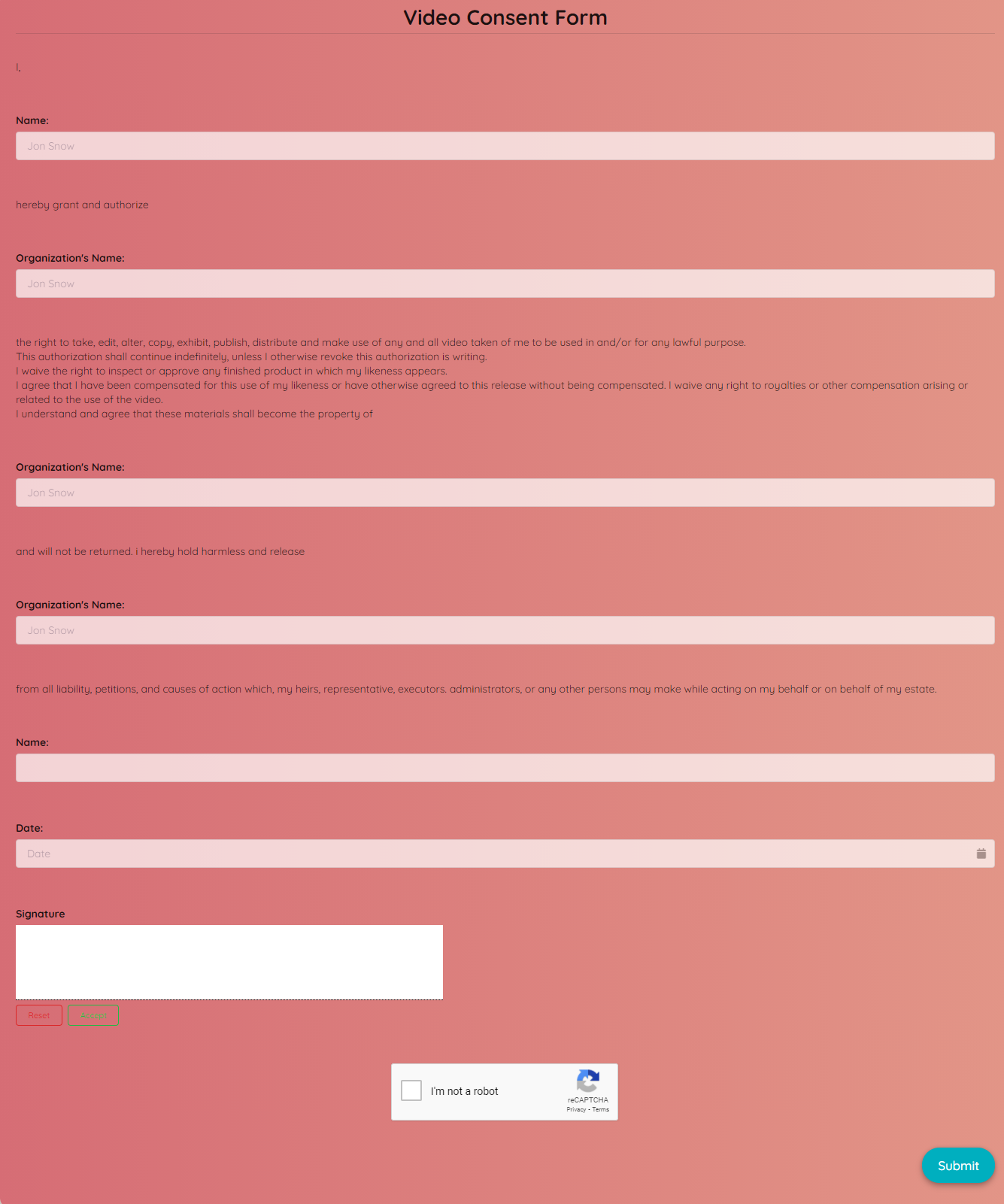 Video Consent Form Template template