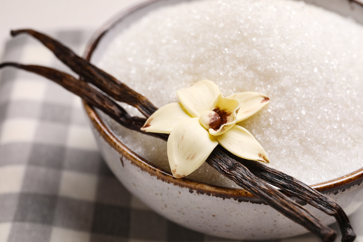 Vanilla bean and flower in bowl of sugar