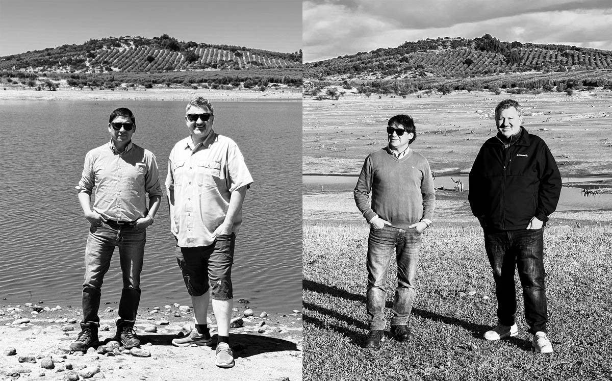 T. J. Robinson and Juan Carlos Pérez in two photos comparing the depth of the lake at Agricola Pobeña in Chile