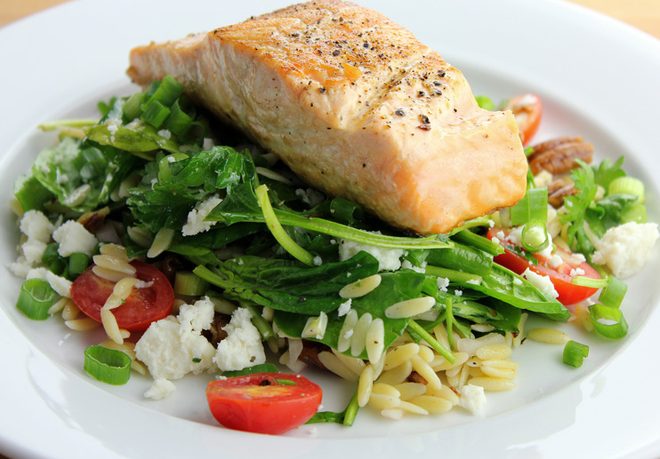 Grilled Salmon With Orzo, Feta, And Red Wine Vinaigrette