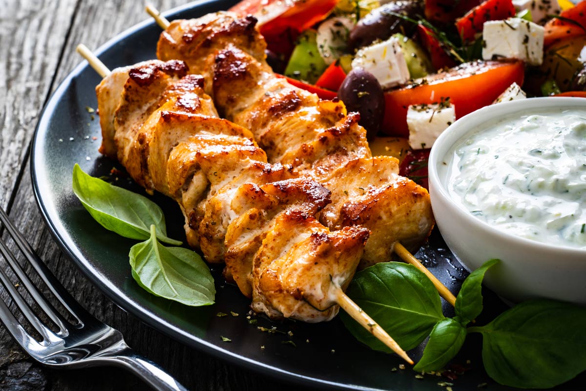 Chicken Souvlaki With Tzatziki Sauce and Greek Salad Recipe