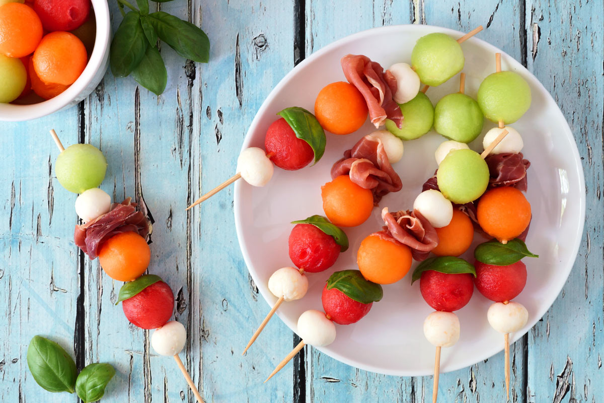 Summer Melon Skewers with mozzarella and prosciutto