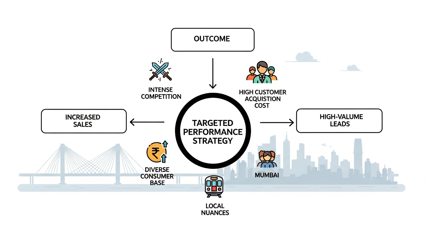A diagram showing Mumbai's market challenges like competition and high costs feeding into a central 'Targeted Performance Strategy', which in turn leads to outcomes like increased sales and ROI.