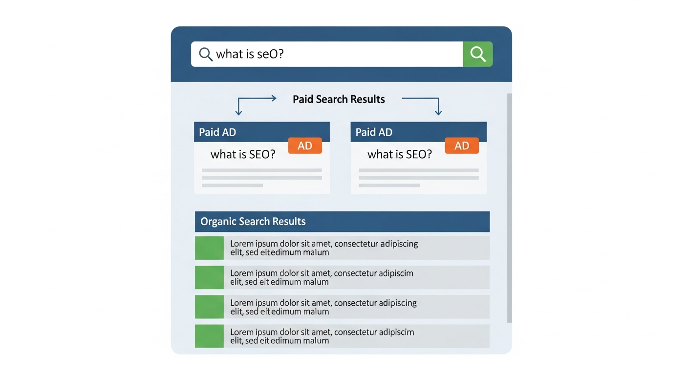 A diagram of a search engine results page, showing the distinction between paid ad results at the top, marked with an 'Ad' label, and the organic search results listed below them.