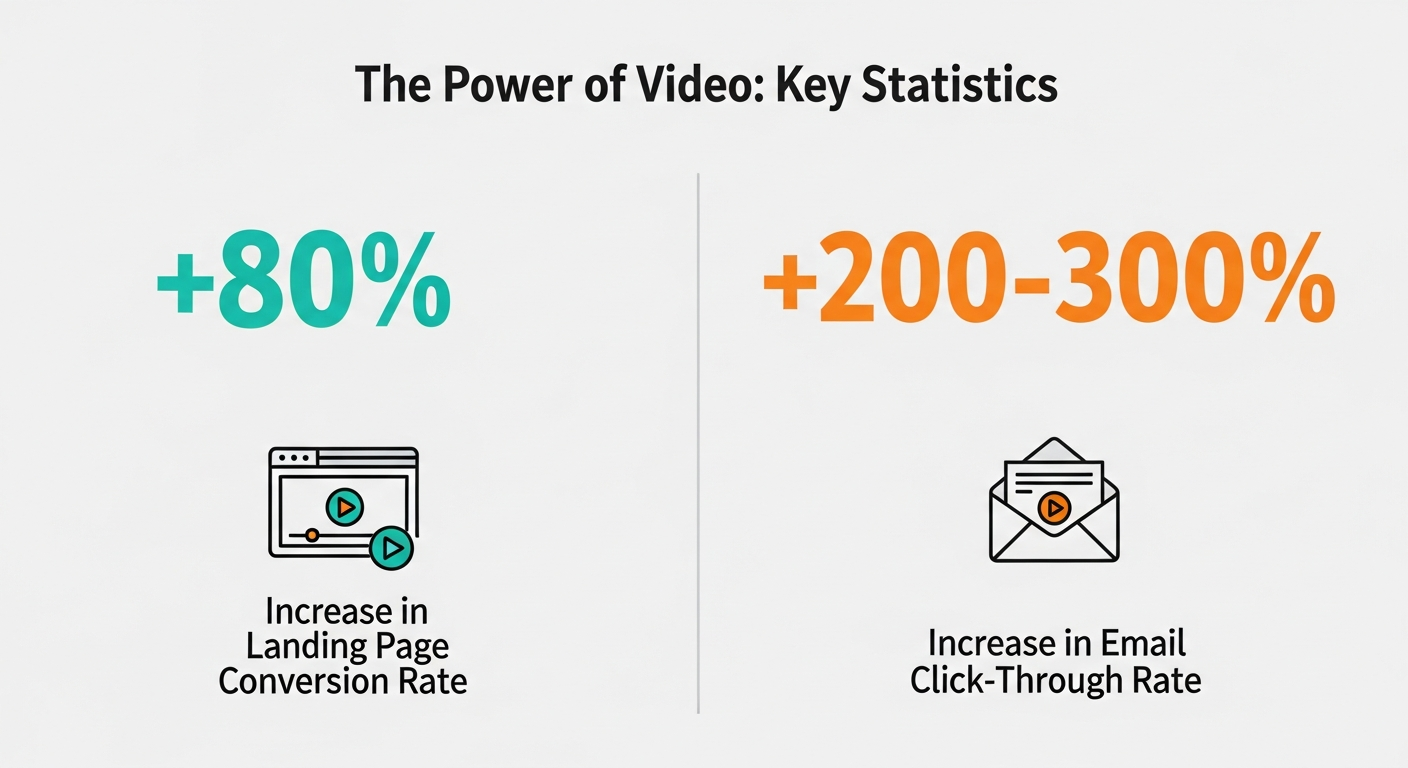 Infographic showing key video marketing statistics. It states that adding a video to a landing page can increase conversion rates by 80%, and using video in email can increase click-through rates by 200-300%.
