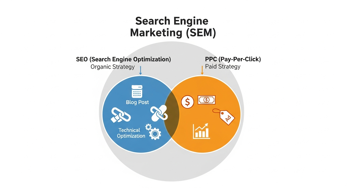 A diagram showing that Search Engine Marketing (SEM) is an umbrella term that includes both SEO and PPC. A large circle labeled SEM contains a blue circle for SEO (Organic) and an orange circle for PPC (Paid).