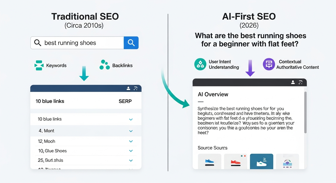 A comparative diagram showing the evolution of search engines. The left side, 'Traditional SEO', depicts a keyword search leading to a list of 10 blue links. The right side, 'AI-First SEO', shows a conversational query leading to a direct AI-generated summary at the top of the search results.
