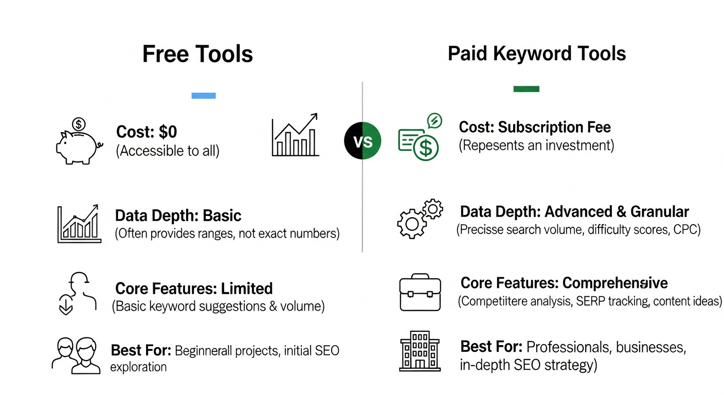An infographic comparing Free vs. Paid Keyword Research Tools across four categories: Cost, Data Depth, Core Features, and Best For. Free tools are characterized as having no cost, basic data, limited features, and being best for beginners. Paid tools require a subscription, provide advanced data, have comprehensive features, and are best for professionals.