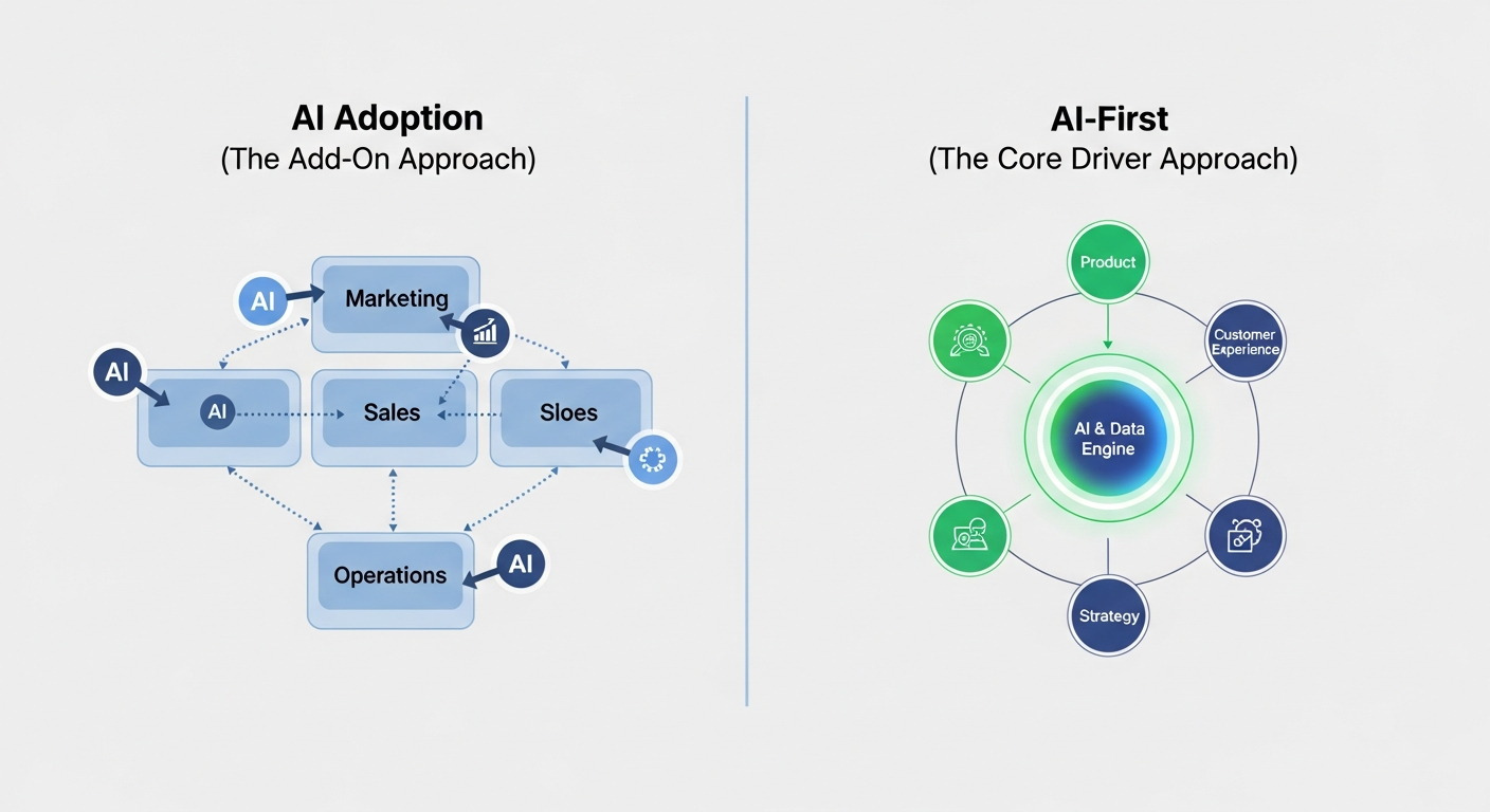 A comparative diagram showing the difference between 'AI Adoption' and 'AI-First'. The 'AI Adoption' side shows AI tools as external add-ons to traditional business silos. The 'AI-First' side shows a central AI engine driving all business functions.