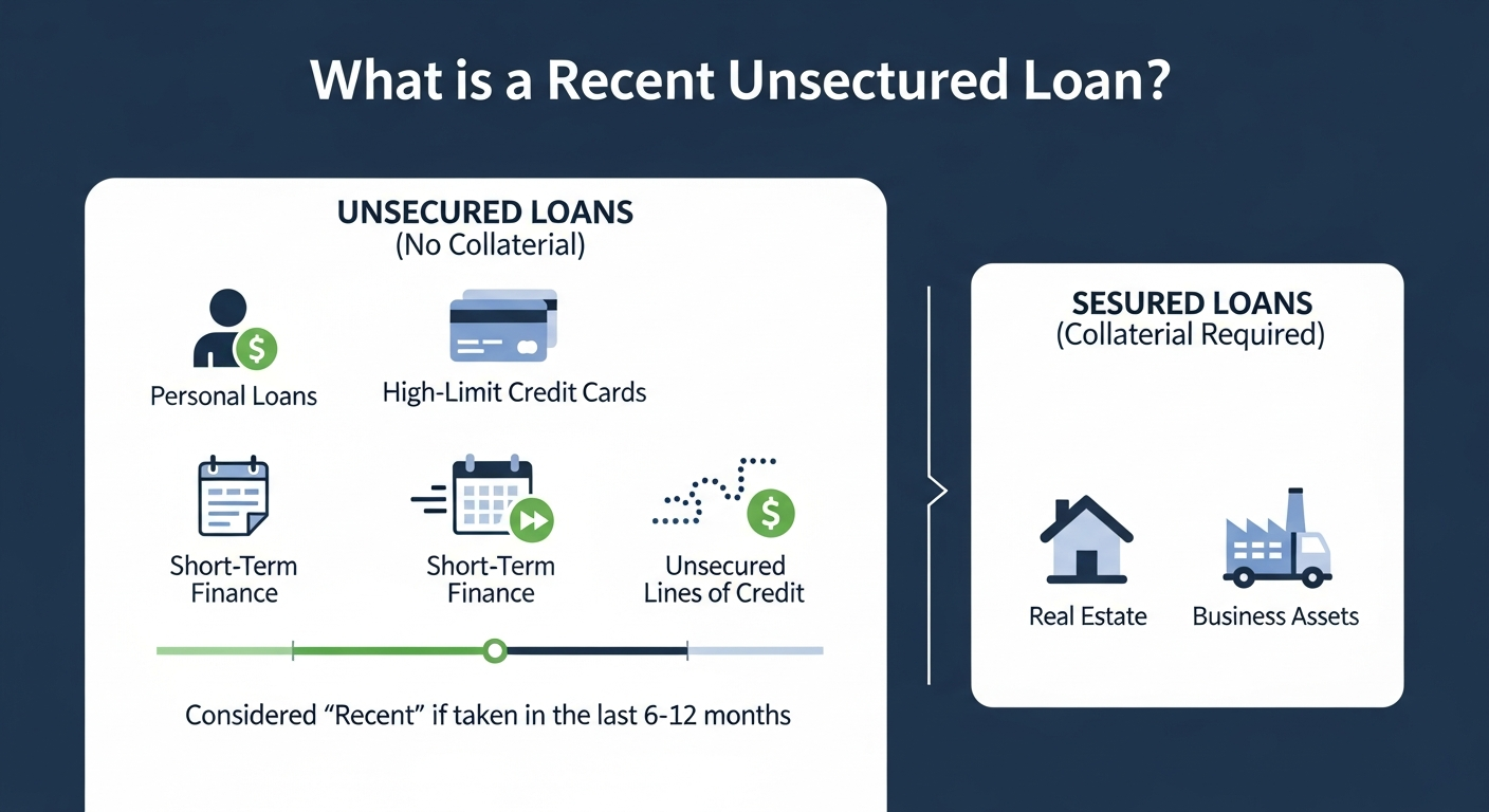 An infographic defining recent unsecured loans. It shows examples like personal loans, credit cards, and short-term finance, noting they are considered 'recent' if taken within 6-12 months. It contrasts these with secured loans, which require collateral like real estate or business assets.
